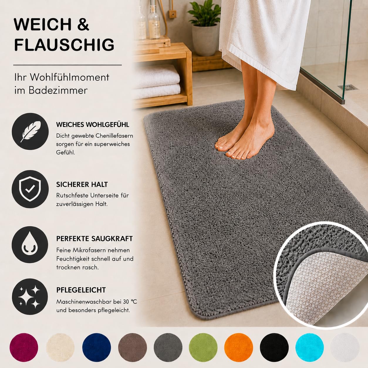 Brandsseller Badezimmerteppich 70x120 cm Badvorleger Badematte Badteppich rechteckig Chenille rutschfest saugstark maschinenwaschbar