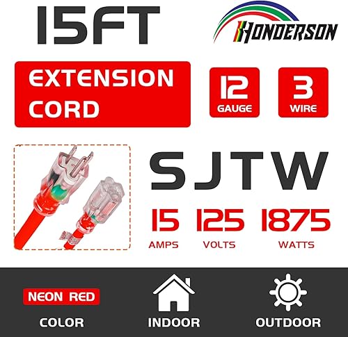 Miniatura 72 de Cable de extensión iluminado para exteriores 12/3 de 6 pies, calibre 12, 3 puntas, SJTW, resistente cable de extensión rojo neón con enchufe de 3