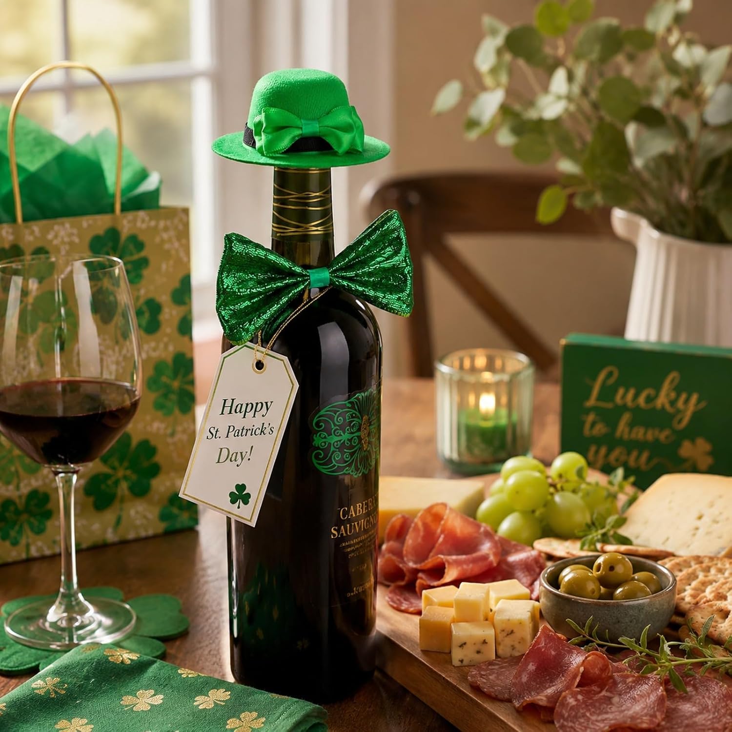 LUOZZY 12Pcs St. Patrick's Day Wine Bottles Mini Leprechaun Hats & Bow Ties St. Patrick's Day Wine Bottle Decorations Wine Topper Wine Caps