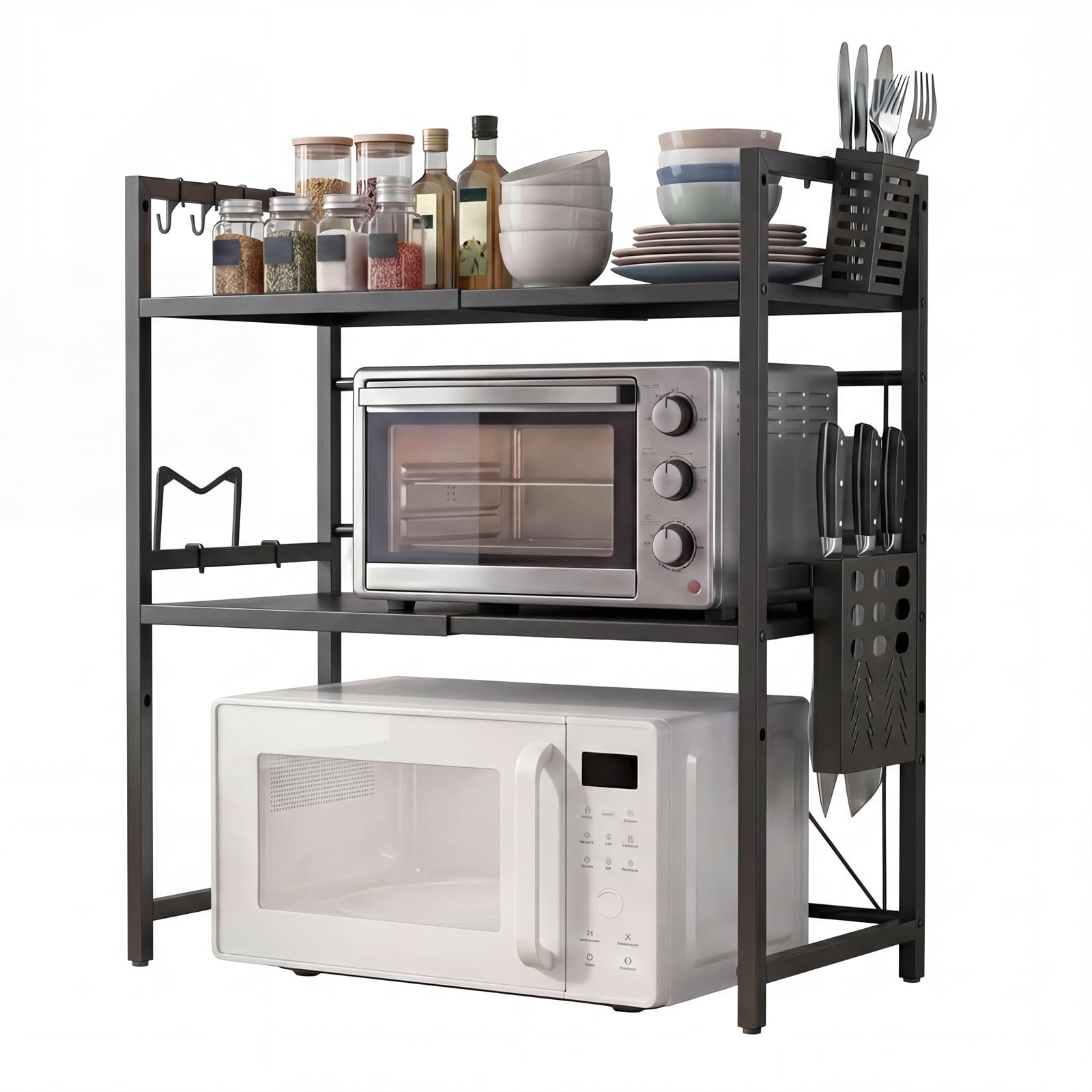 TOQUE Expandable Microwave Shelf for Cluttered Kitchens 3-Tier, Height & Width Adjustable, Kitchen Counter Organiser with Hooks, Knife Holder, Chopping Board Rack, Cutlery Box, Black