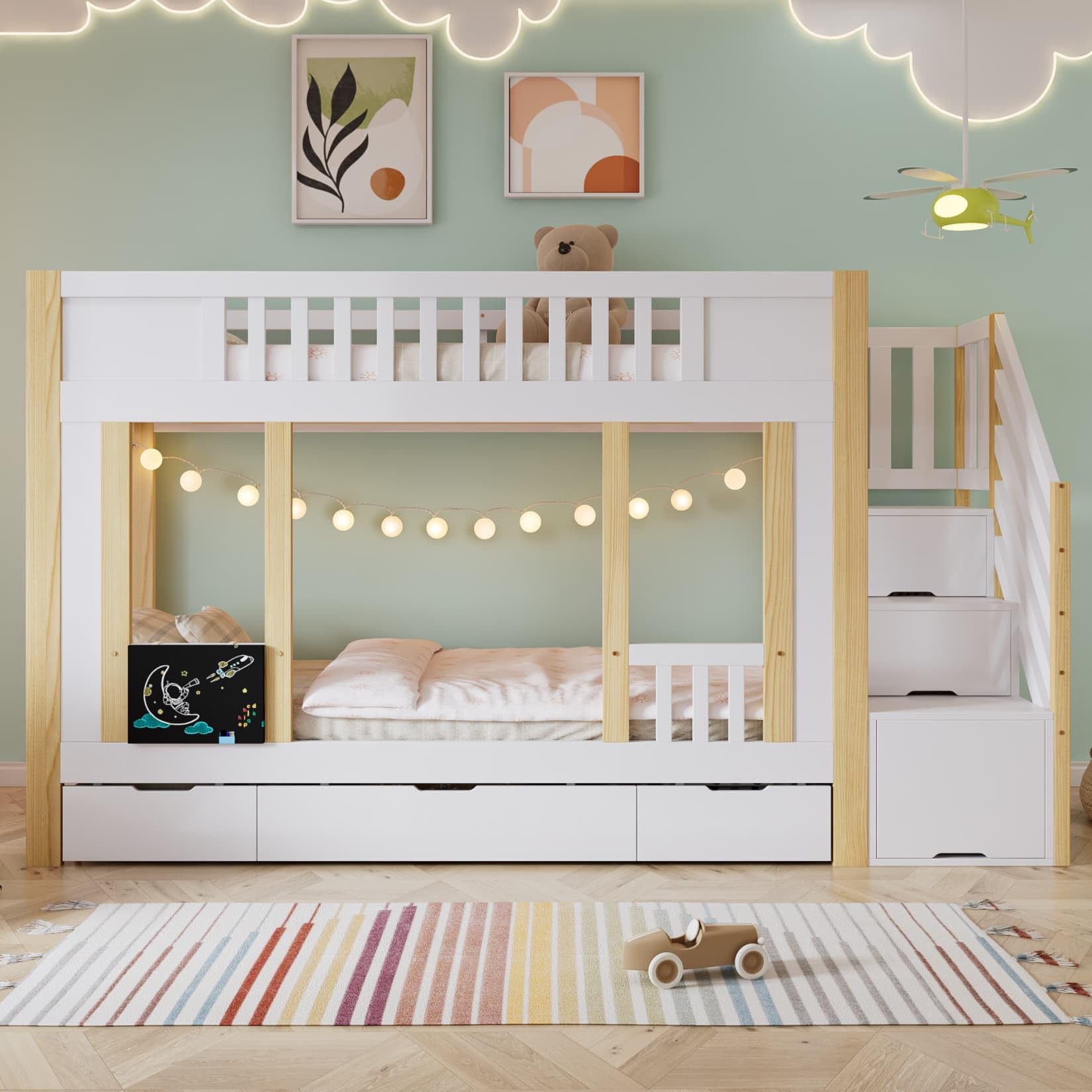 Lit Superposé Enfant 90x200 cm,Lit Superposé 2 Places avec 3 Tiroirs à roulettes,Petit Tableau Noir,Escalier de Rangement,Barrières Hautes,pour Garçons Filles