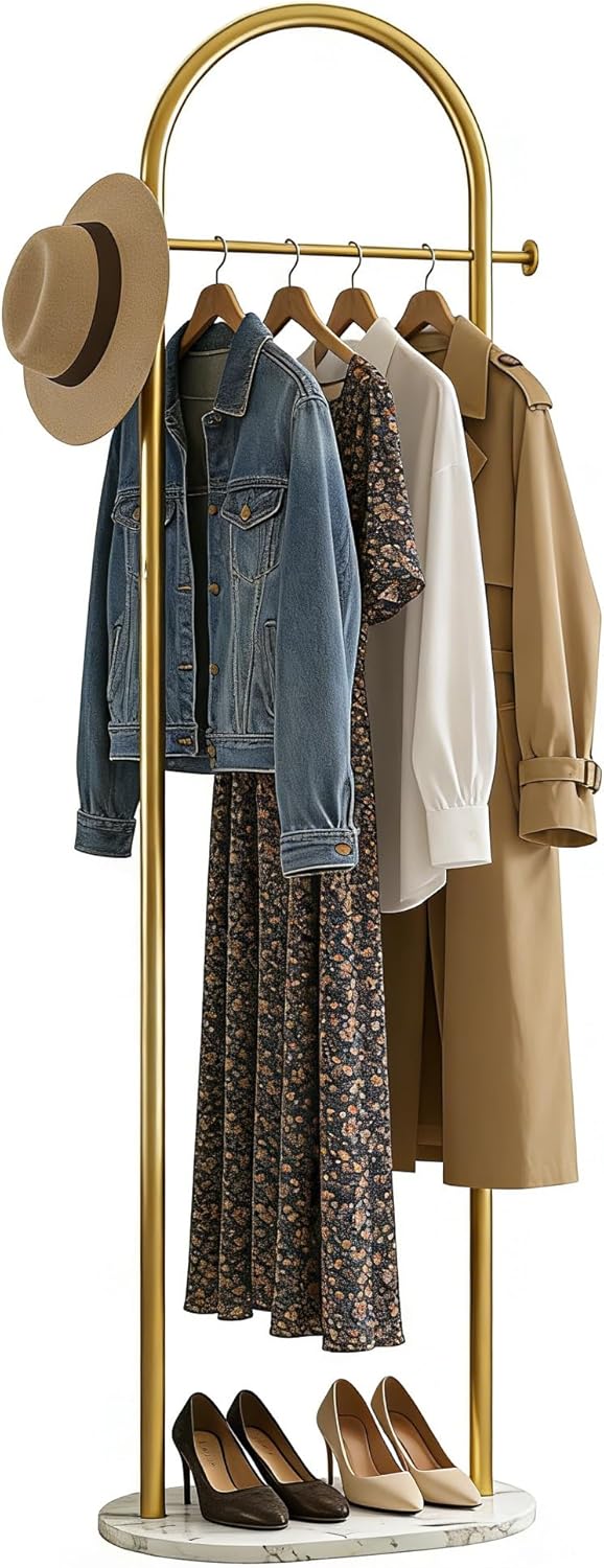 CloudDream Gold Clothing Rack with Marble Base,Modern Rack Freestanding,Metal Garment Rack Suitable for Entryway,Bedroom,Living Room,Boutiques