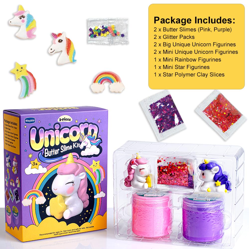 Waybla 2 Pack Butter Slime Kit for Kids with Glitter, Unicorn Figurines, Rainbow & Star Accessories – DIY Slime Toy Gift for Girls & Boys, Party Favors, Stocking Stuffers, Easter Basket Stuffers