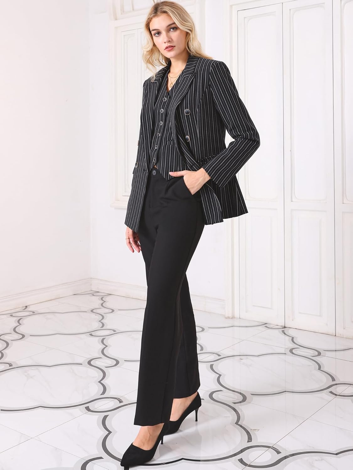 Women's Double Breasted Blazer Vintage Pinstripe Striped Suit - Image 3