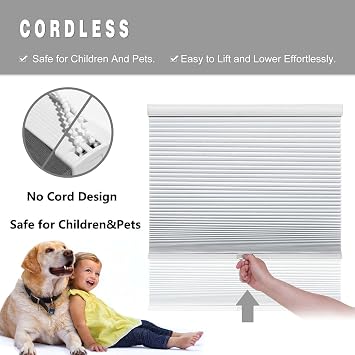 Changshade Cordless Cellular Shades, Blackout Room Darkening Black Out Honeycomb Blinds for Indoor Windows Bedroom, Pull Down Pleated Accordion Blind Easy Install, Shade Size 34 Wx72 H, White