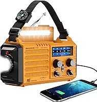 Eoxsmile Rádio de emergência com alerta meteorológico NOAA, manivela solar de 5000 mAh portátil AM/FM, rádio de ondas curtas, alimentado por bateria recarregável, carregador USB, lanterna, alarme SOS