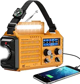 Eoxsmile Rádio de emergência com alerta meteorológico NOAA, manivela solar de 5000 mAh portátil AM/FM, rádio de ondas curtas, alimentado por bateria recarregável, carregador USB, lanterna, alarme SOS