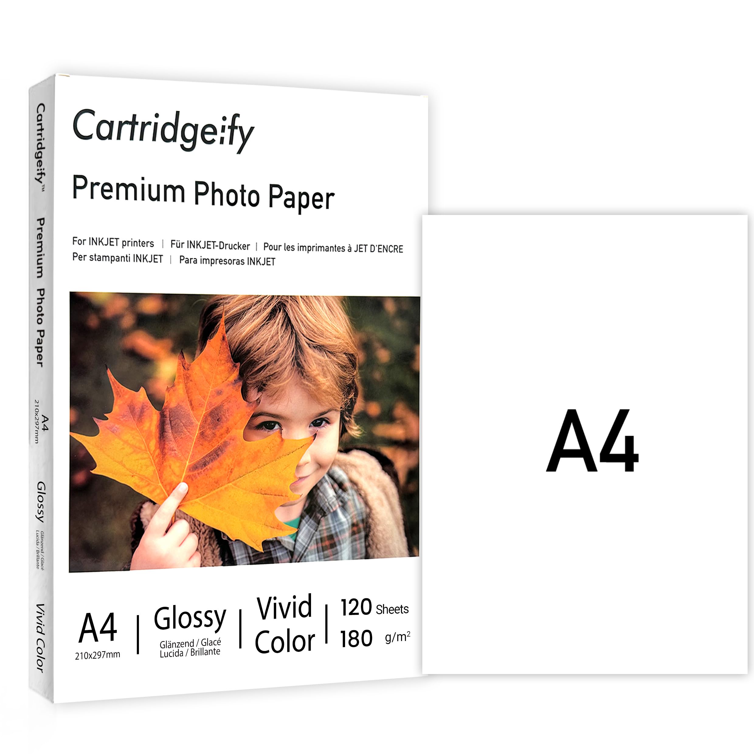 Cartridgeify Premium Glossy Photo Paper, A4 (210 x 297 mm), 120 Sheets, 180 GSM, for All Inkjet Printers, white