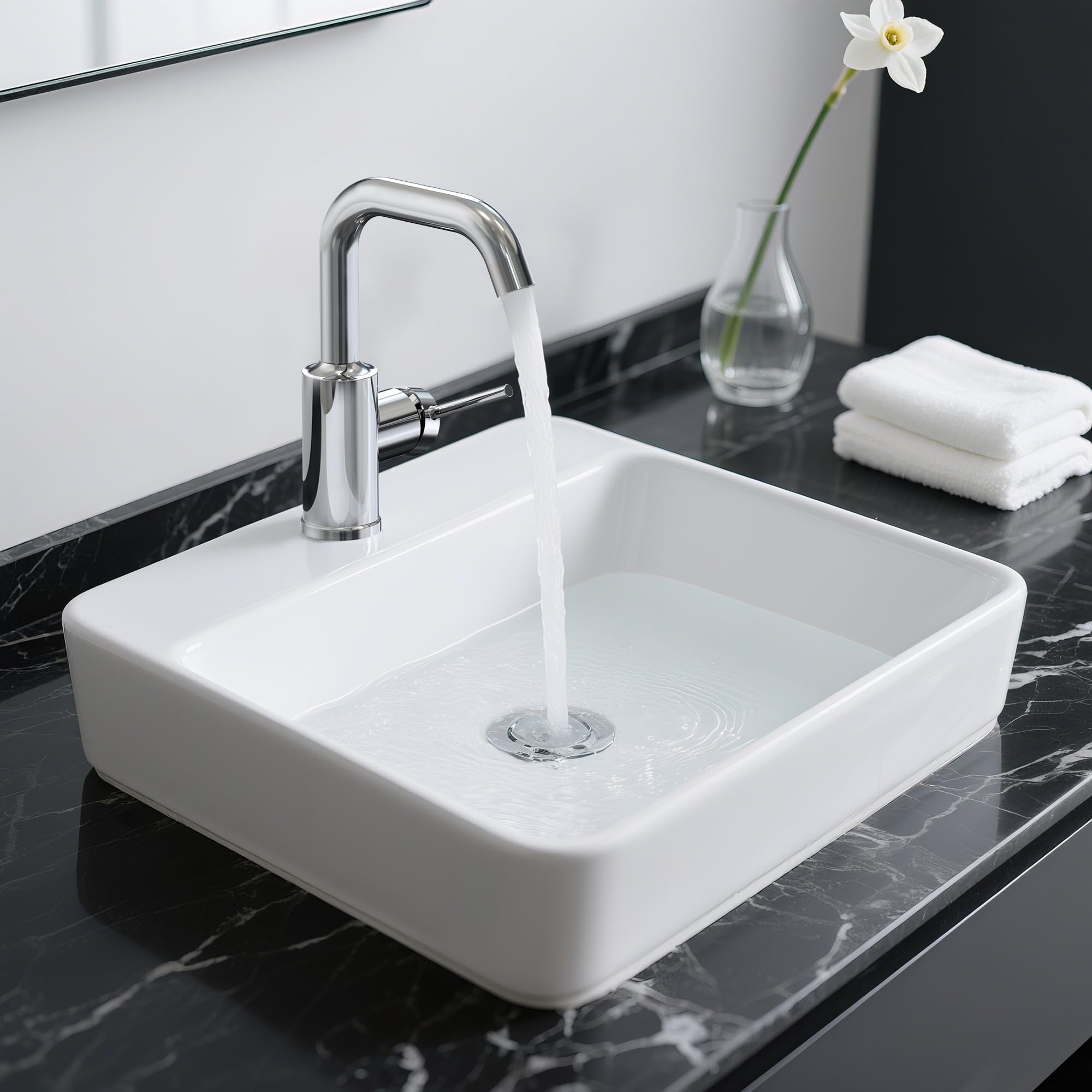 Wasserhahn Bad Hoch, 360° drehbare Waschbeckenarmatur mit Keramikkartusche, Edelstahl Waschtischarmatur Hoch mit Warm/Kaltwasser Mischbatterie Einfache Montage für Badezimmer/Gäste-WC Chrom