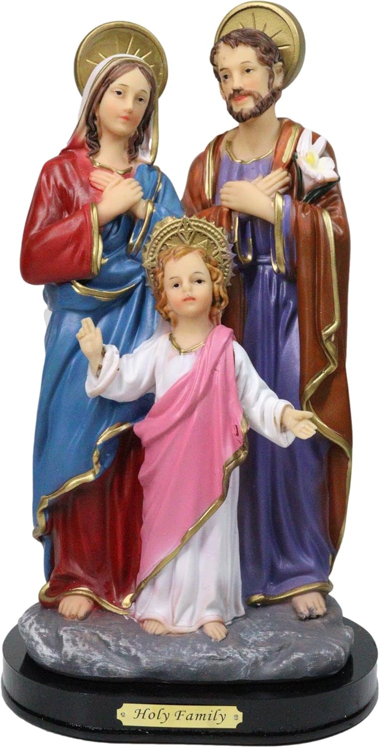 Ebros Gift Catholic Christian Devotional The Holy Family Mother Mary Joseph and Child Jesus Figurine with Brass Name Plate Base 8" Tall Series Altar Religious Inspirational Decor