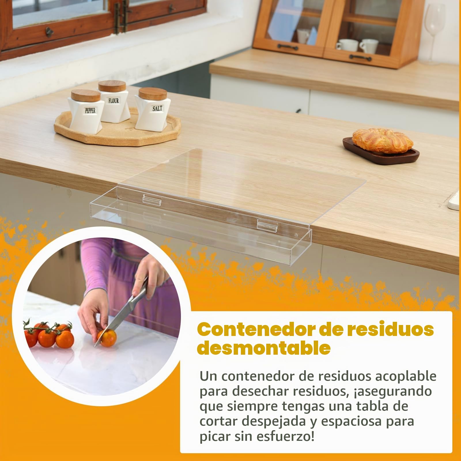Tabla de cortar acrílica con contenedor de residuos y borde de mostrador | Tabla de cortar grande transparente para encimera de cocina, 60% más gruesa, antideslizante, ideal para cortar verduras