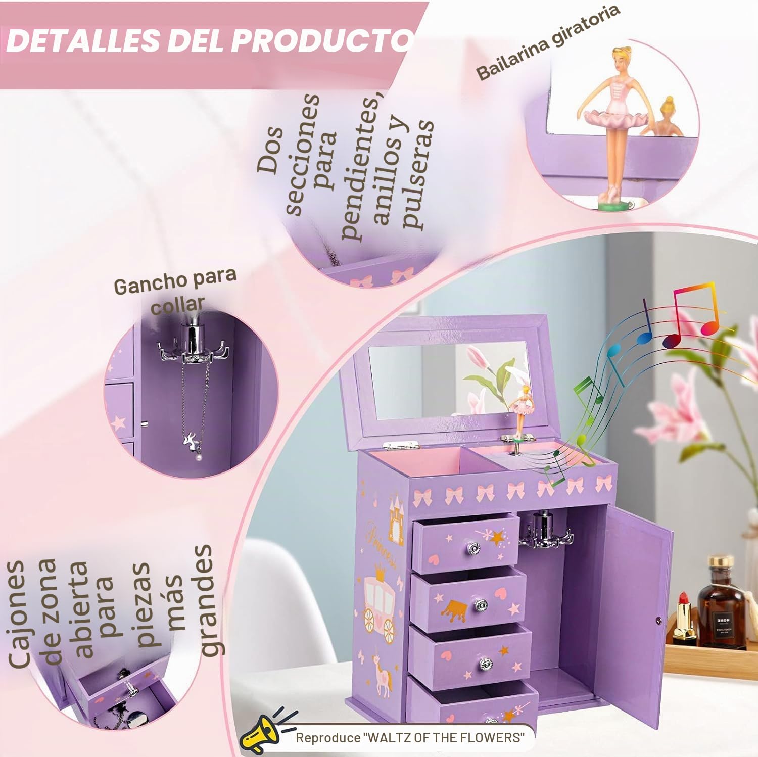 Caja de Joyas para Niñas con Música de Princesa y Sirena, Regalo de Cumpleaños 3-12 Años