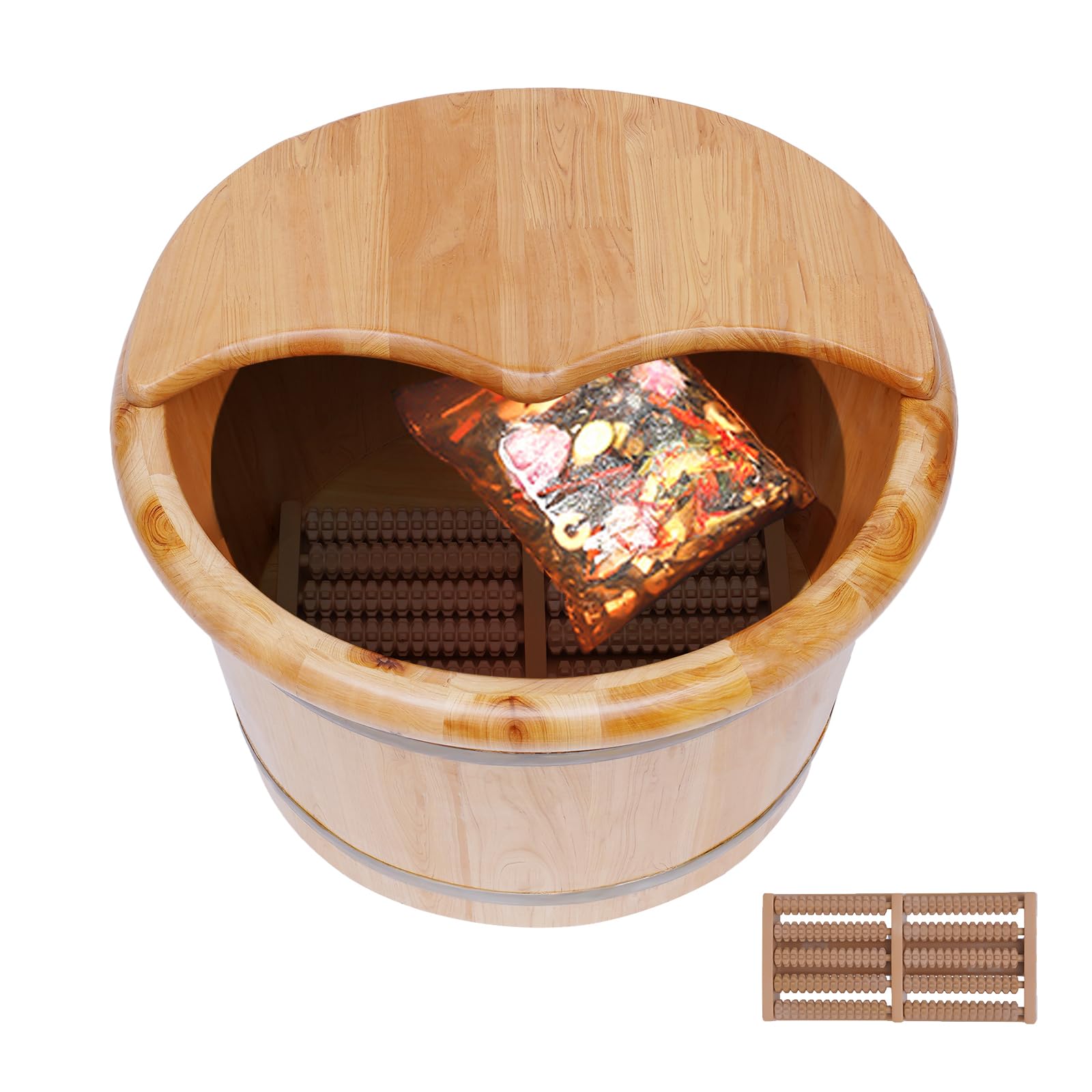 JAYGOVAN Foot Bath Basin Foot soak Tub with Massage Rollers and Lid, Solid Wood Handmade Wooden Foot Tub with 10 Inch Deep Basin Set for Soaking Feet