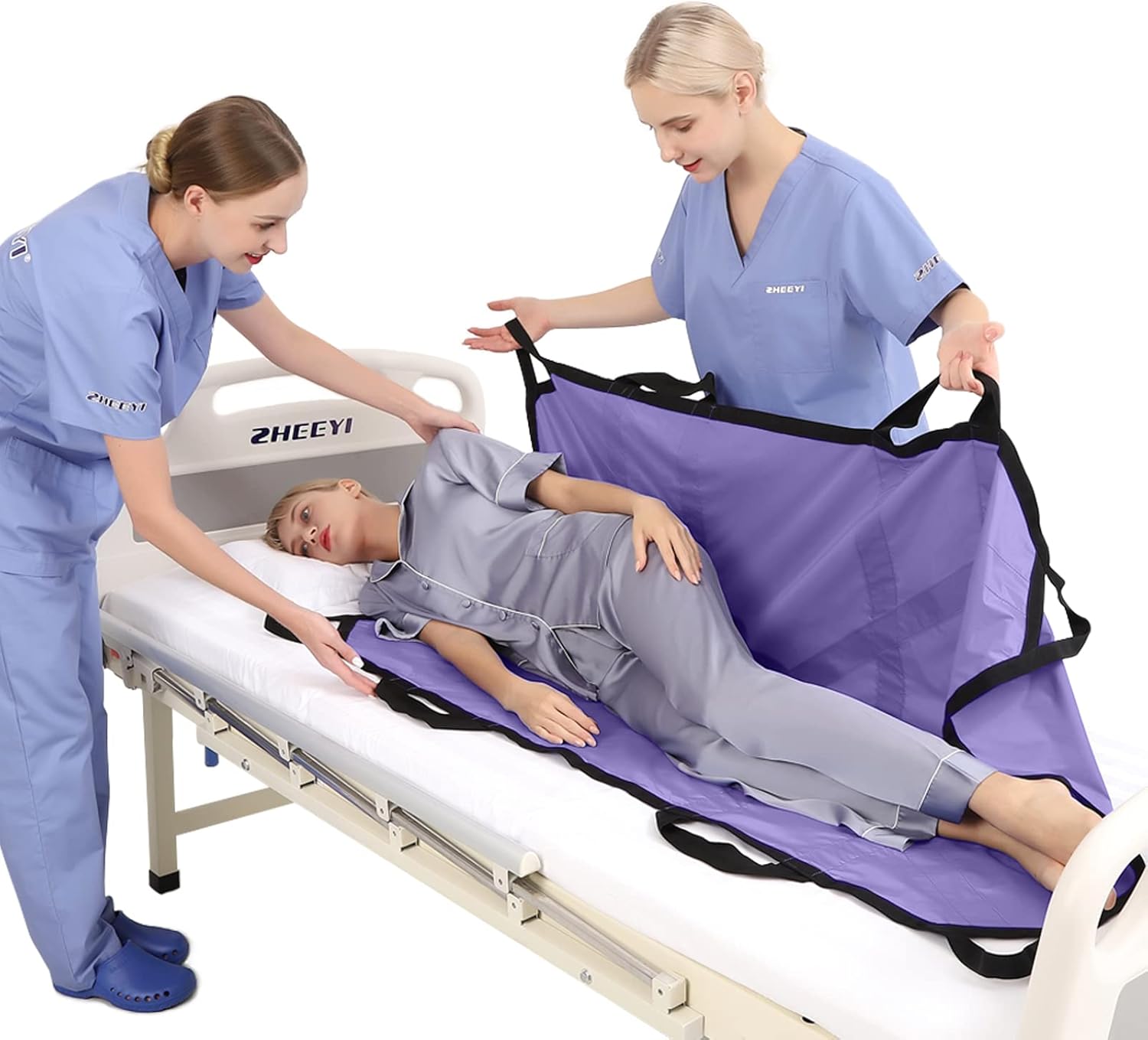 Bed Positioning Pad with Reinforced Handles 55" x 36" Lifting Turning Patient Sheet Transfer Blanket for Caregiver, Bedridden, Elderly, Blue