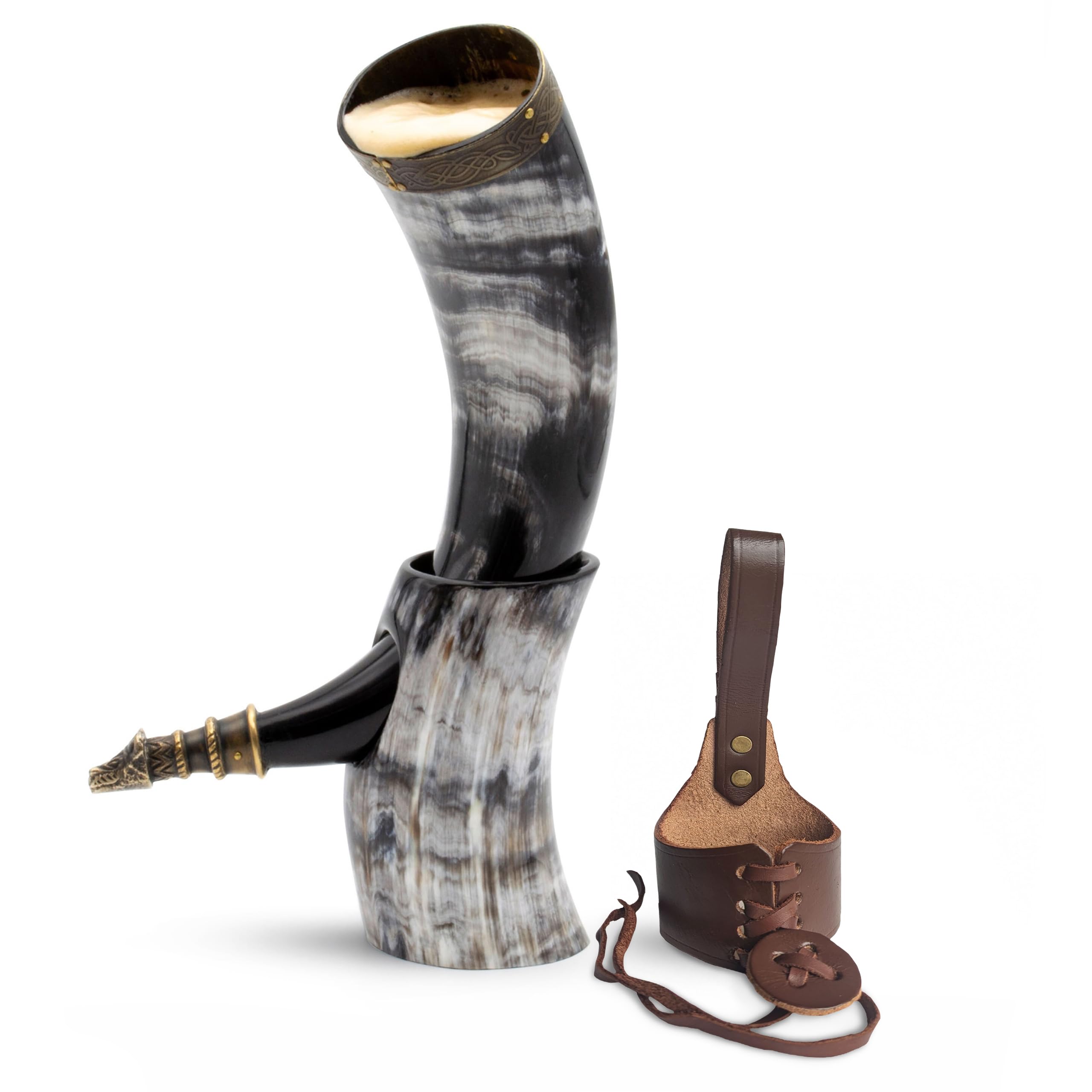 Norse Tradesman Brass Rim & Wolf Tip Genuine 30 Cm Ox-Horn Viking Drinking Horn With Horn Stand & Brass Wolf Adornments | Burlap Gift Sack Included | High Polish, 30 Cm
