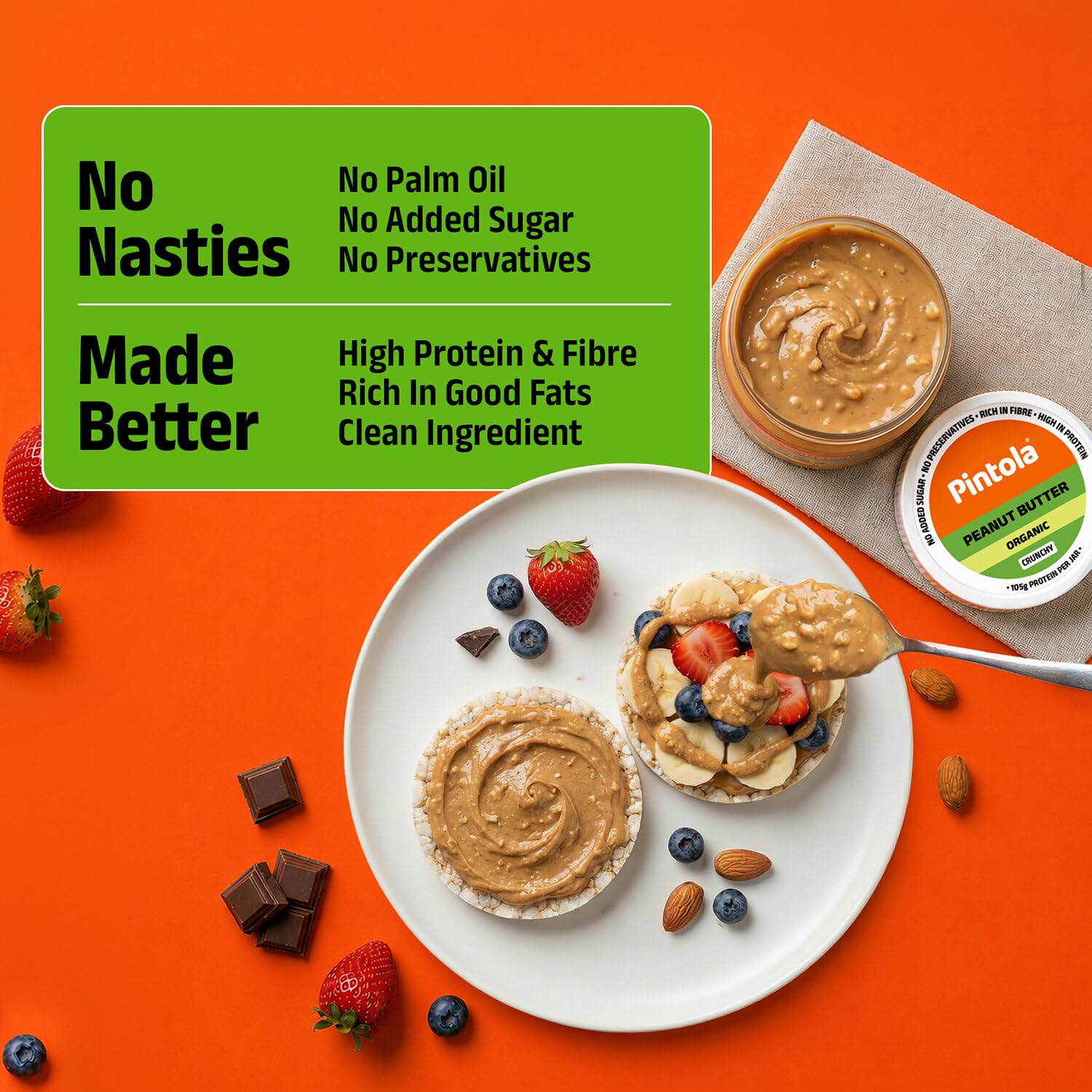 Pintola Organic Unsweetened Peanut Butter Crunchy 350g - High Protein 30g & 9g Dietary Fiber, Made with Organic Peanuts, No Added Sugar, No Preservatives 4