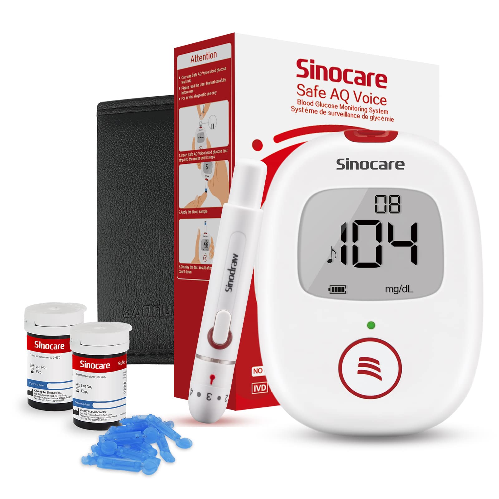 Sinocare Glucómetro, 50 x Tiras Medidor Glucosa en Sangre, Medidor Sangre Glucosa en Sangre - mg/dL (Safe AQ Voice)