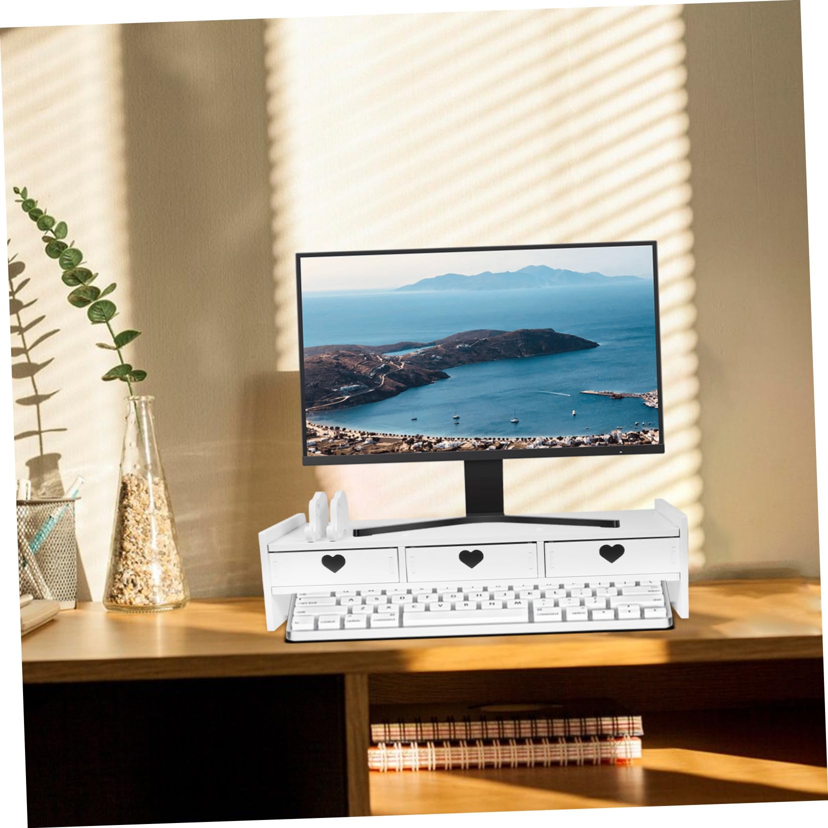 Biurko Organizacyjne Podstawka Pod Monitor z Szufladami Do Przechowywania Klawiatury i Akcesoriów Podwyższana Stojak Laptopa Minimalistyczny Biały Organizer Biurko Do