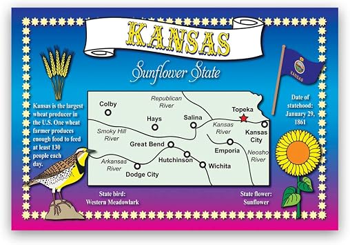 KANSAS STATE MAP postcard set of 20 identical postcards. Post cards with KS map and state symbols. Made in USA.