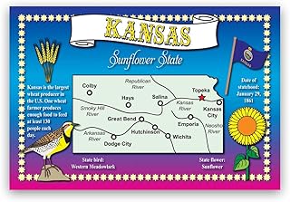 KANSAS STATE MAP postcard set of 20 identical postcards. Post cards with KS map and state symbols. Made in USA.