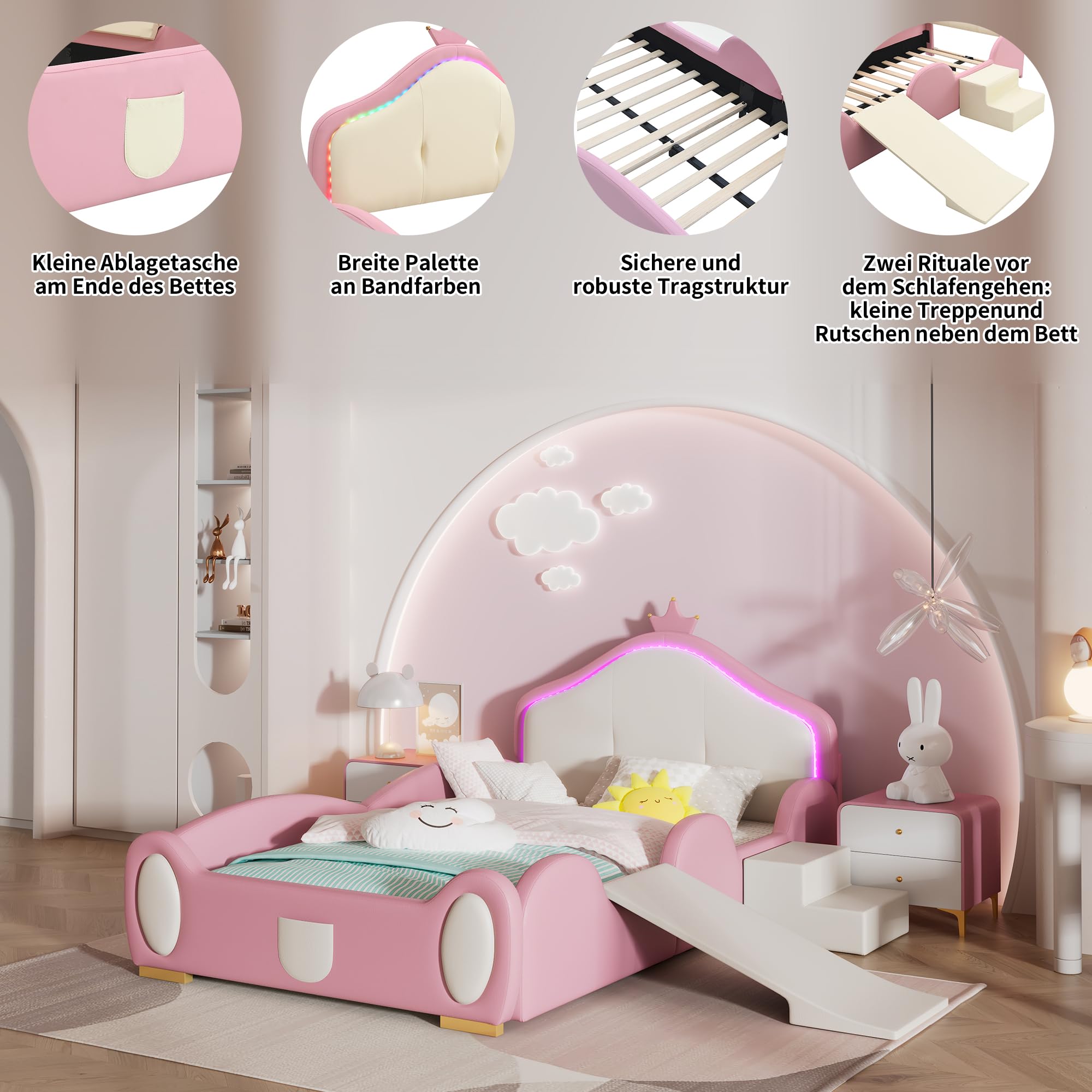 Crown - Letto imbottito con piccolo scivolo e scale, con strisce LED