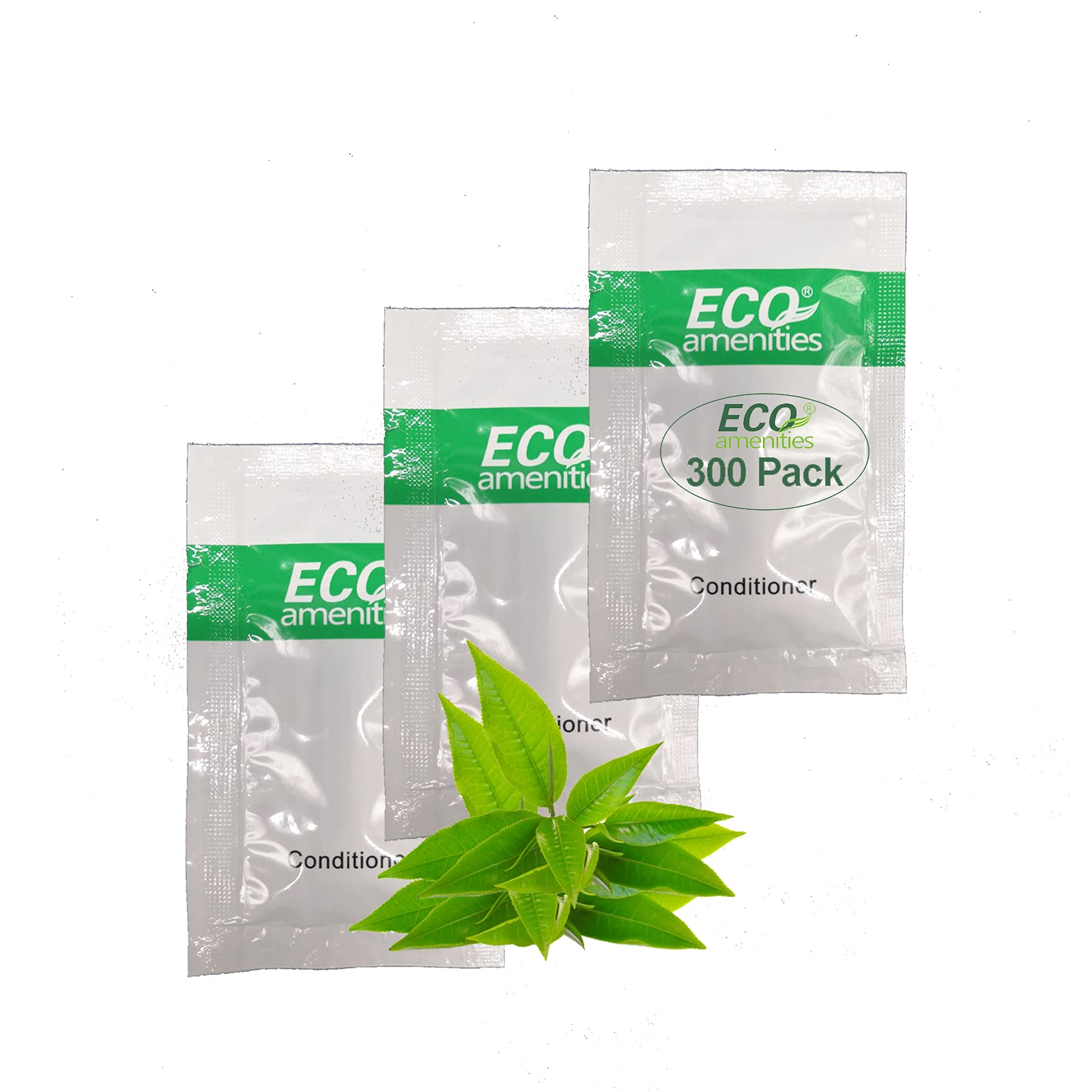 ECO amenities Hair Conditioner for Women & Men - Hotel Supplies for Guests - Refreshing Bulk Travel Size Airbnb Toiletries - 0.35 fl oz (10ml), 300 pack, Green Tea Scent - Easy Tear Sachets