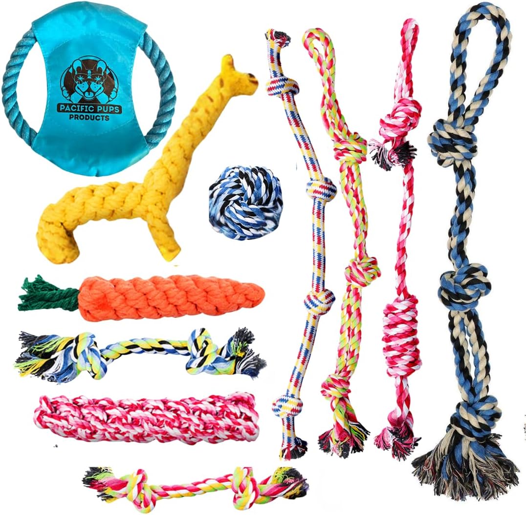 Pacific Pups Products Ultimate Dog Rope Toy Bundle for Aggressive Chewers: 11-Piece Heavy Duty Rope Toys & XL Blue Rope Toy - Supports Non-Profit Dog Rescue