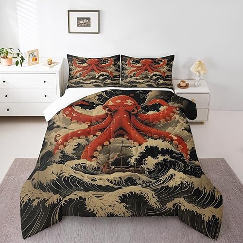 Miniatura 7 de Manfei Octopus Kids Comforter Set Queen Size,Dark Clouds Ocean Waves Trippy Retro Bedding Set,Boys Girls Room Decor,Underwater World Marine Life