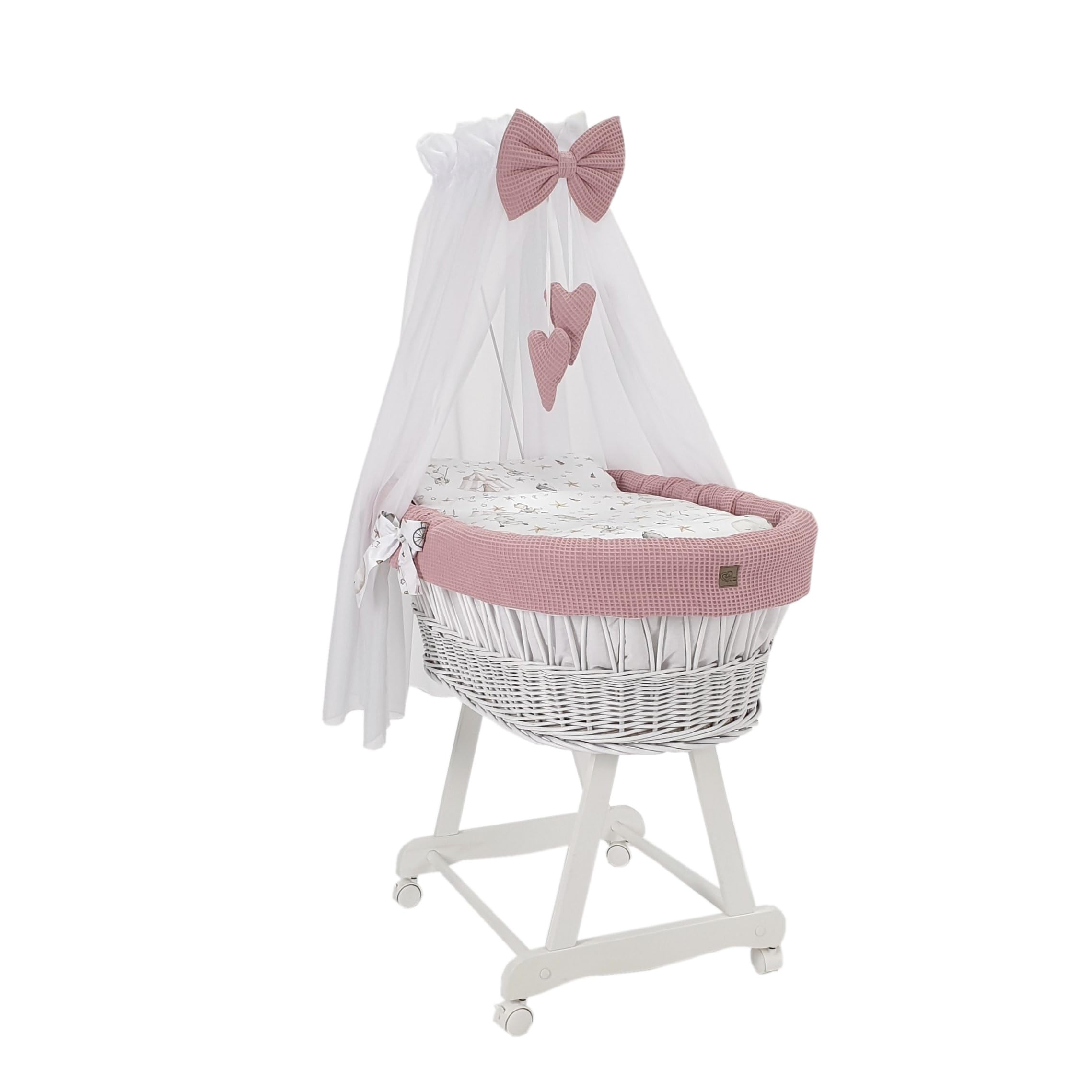 Moisés blanco con estructura, dosel colchón y ropa de cama de tela de gofre, ruedas silenciosas (rosa - conejito)