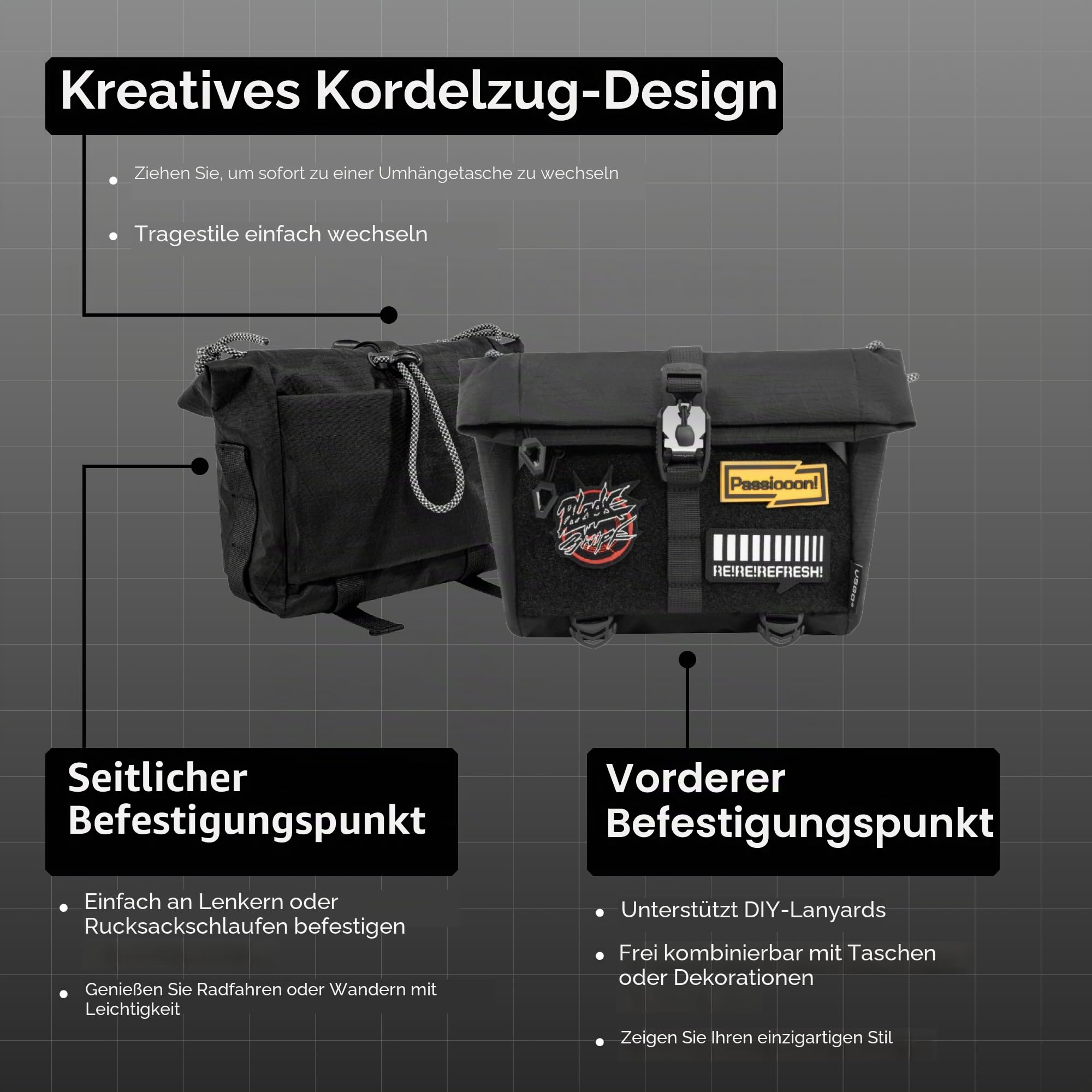 VSGO 3 L Sling Bag für Herren – Wasserfeste Techwear-Brusttasche mit erweiterbarem Kordelzug, versteckter Tasche