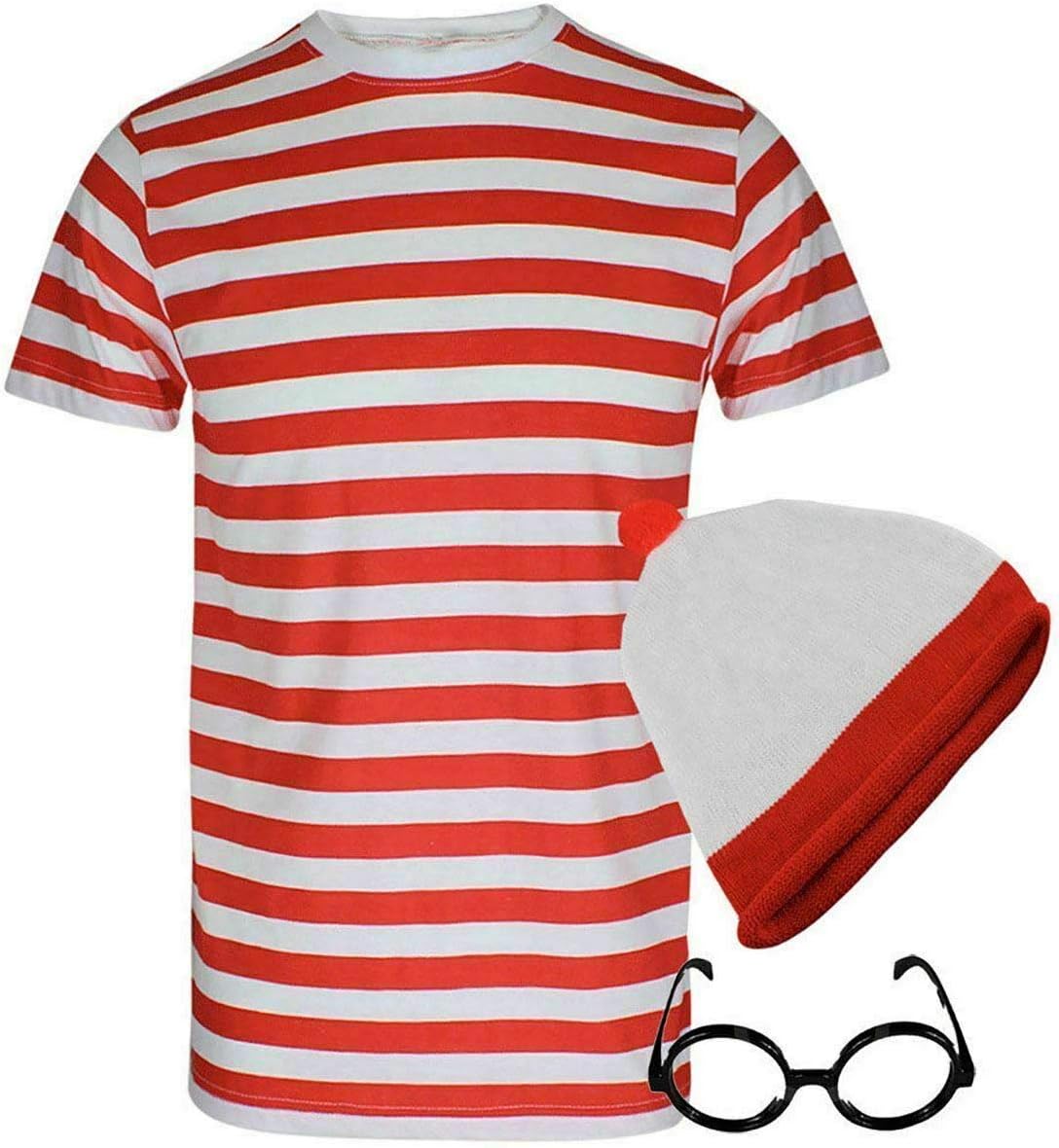 Fairy Trendz Mens Womens Red and White Stripe T-Shirt Hat Glasses Socks Set Kids 3 Piece Set Book Week Fancy Dress Party Set