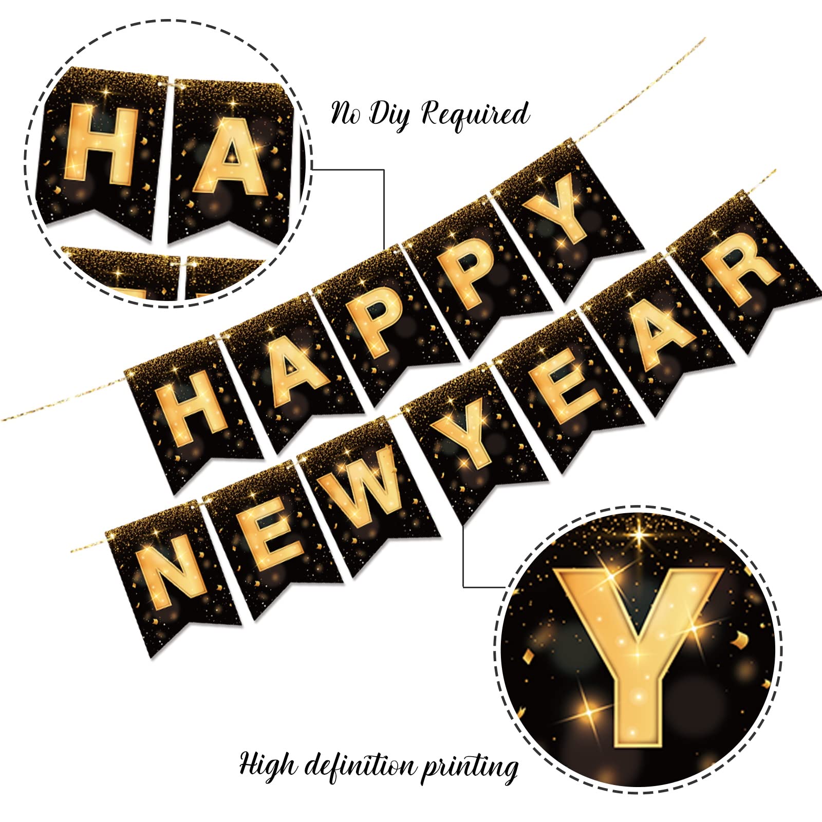 Happy New Year 2025 Banner – Pre-Strung 10-Foot Decoration, Gold & Black, No DIY Required