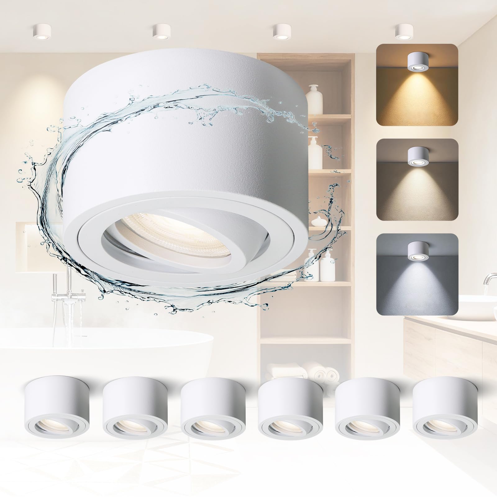 mega lumen LED Surface Mounted Ceiling Spotlights White (Pack of 6), IP65 5W 3CCT CRI90+