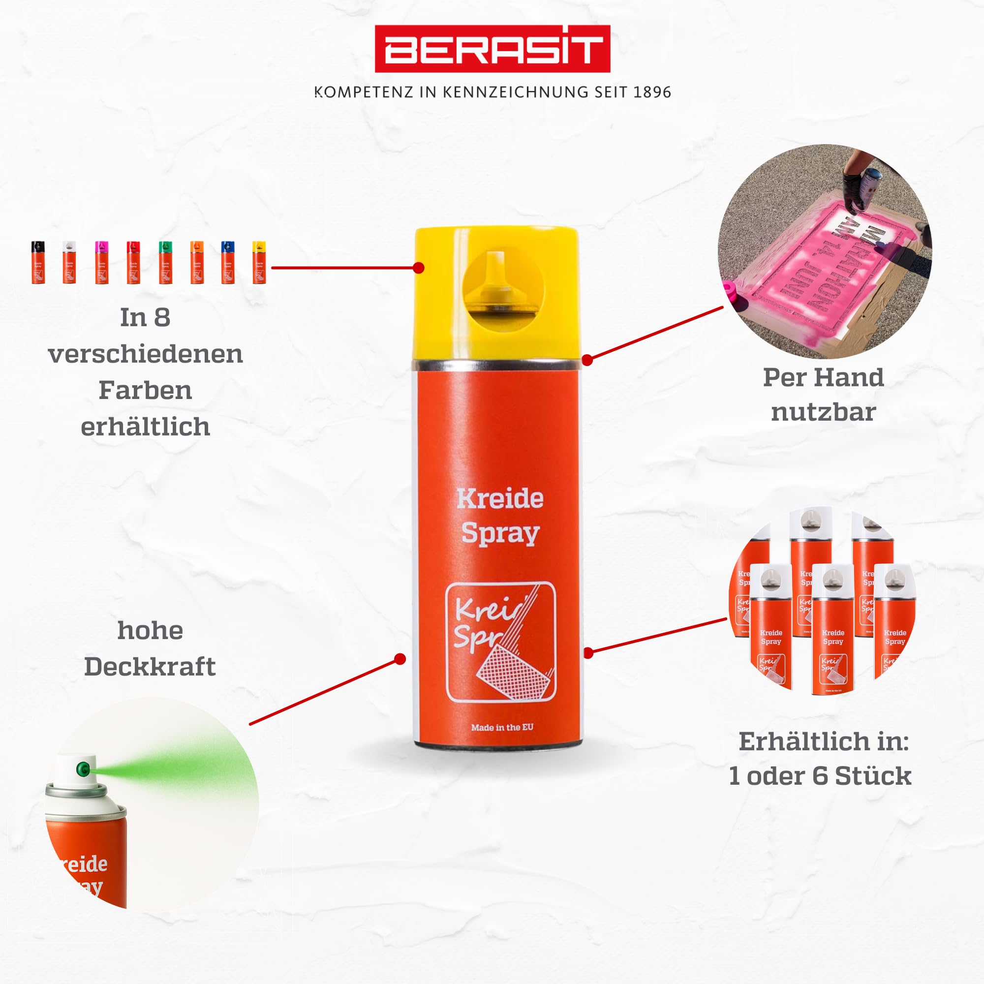 Kreidespray, professionelle Sprühkreide für Markierung und Kennzeichnung, schnell trocknend, 400 ml, gelb, Versandeinheit= 6 Dosen