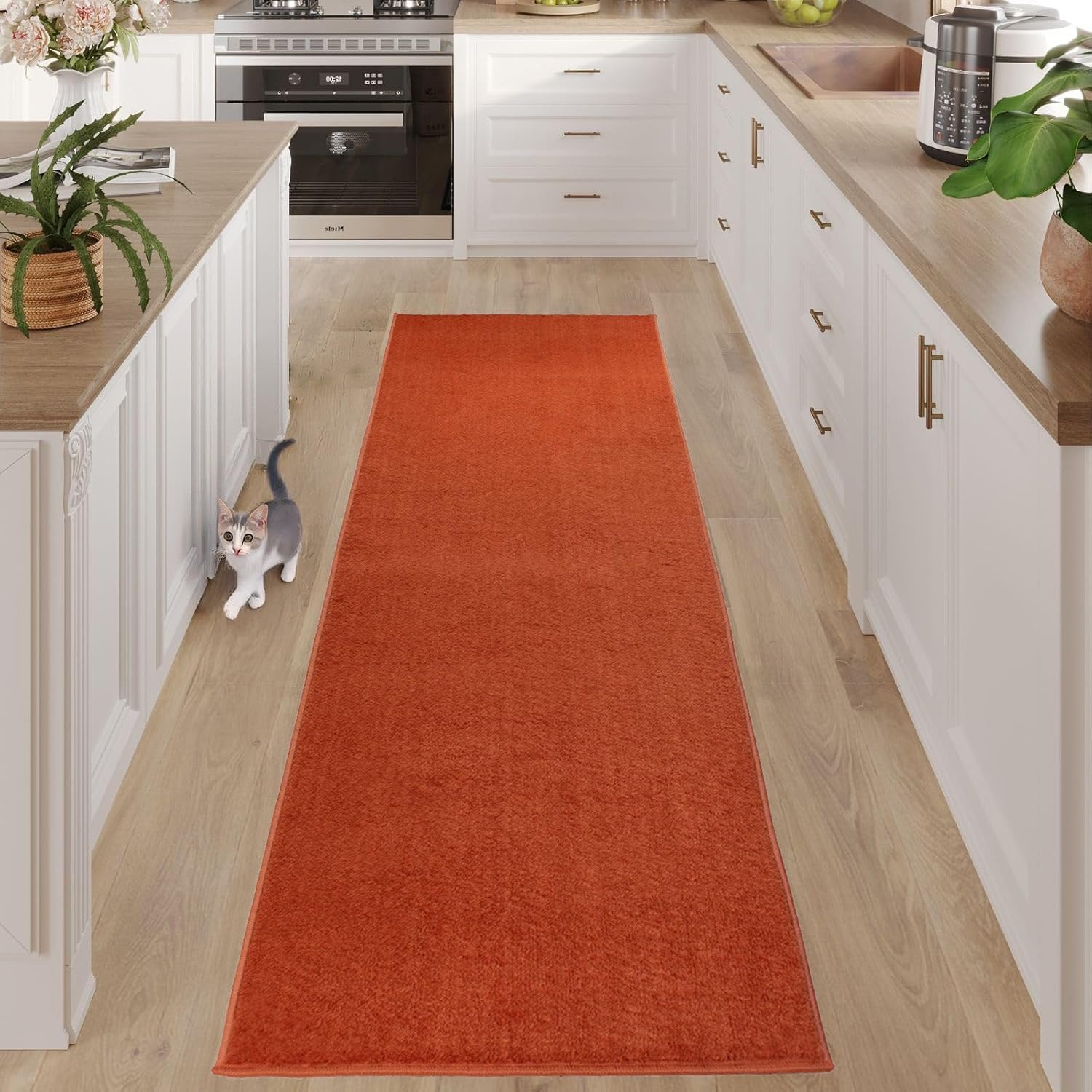 RugStylesOnline Washable Custom Size Runner Rug Solid Color Orange, (2 Feet Length x 26 Inch Width) Custom Cut Slip Resistant Rubber Backing Runner Rugs, Extra Long Runner Rugs for Hallways