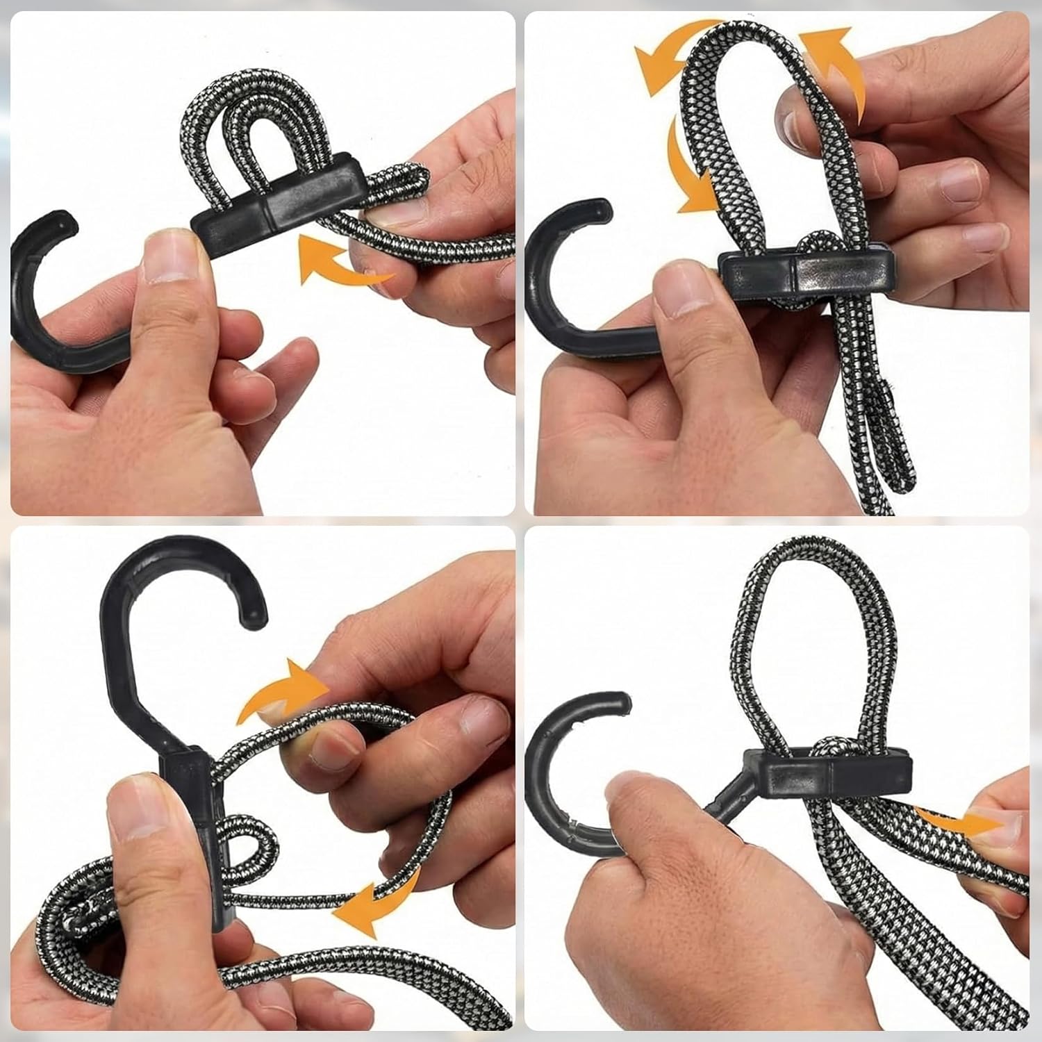 4 Pack 48 Inch Flat Bungee Cords with Hooks, Heavy Duty Adjustable Black Bungee Straps with Metal Buckle Hooks, Rubber Bungee Cords for Outdoor, Camping, Tarps, Tent, Bike Rack, Truck