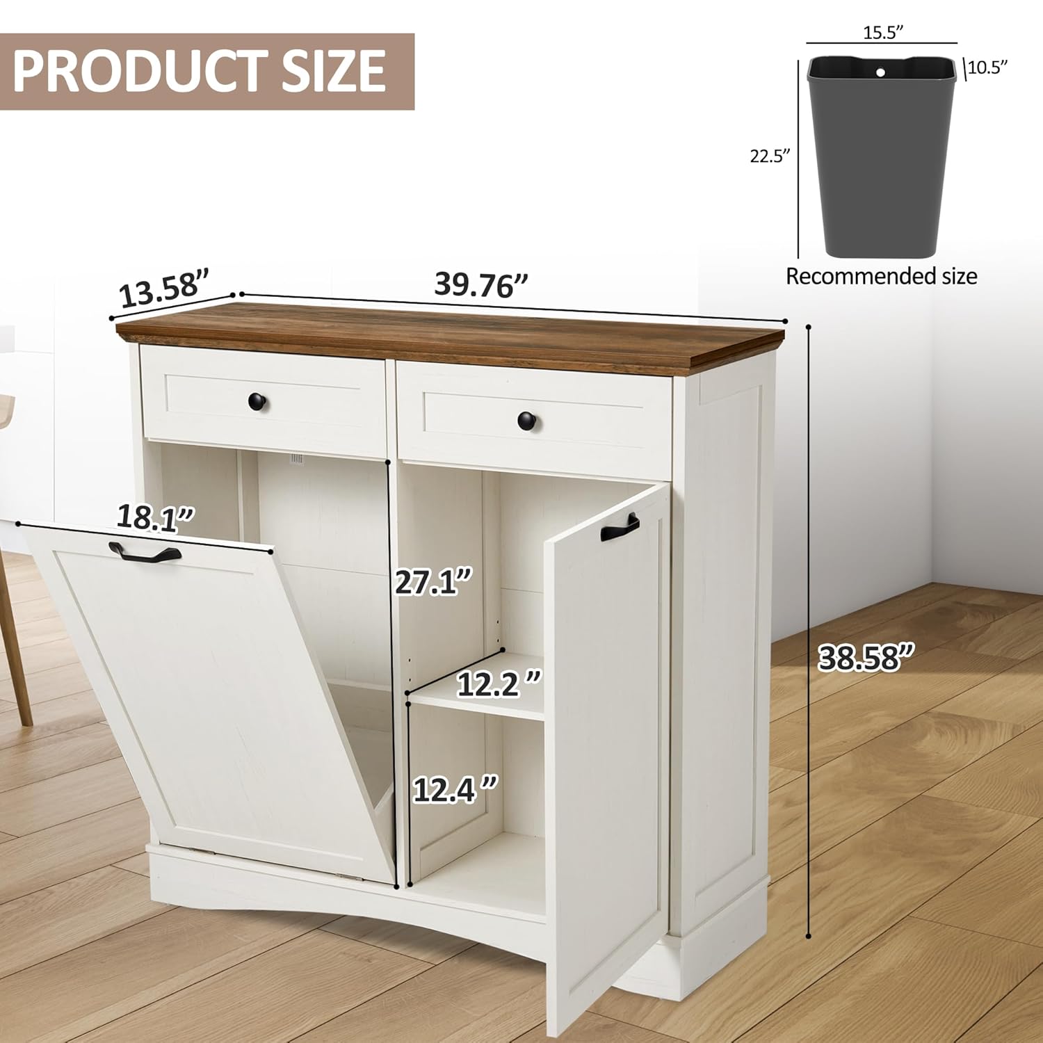 AHB 13 Gallons Tilt Out Trash Can Cabinet Freestanding Kitchen Trash Can Hidden Garbage Recycling Cabinet with Hideaway Drawers Pet Proof Trash Can Holder for Kitchen Living Room, Antique White