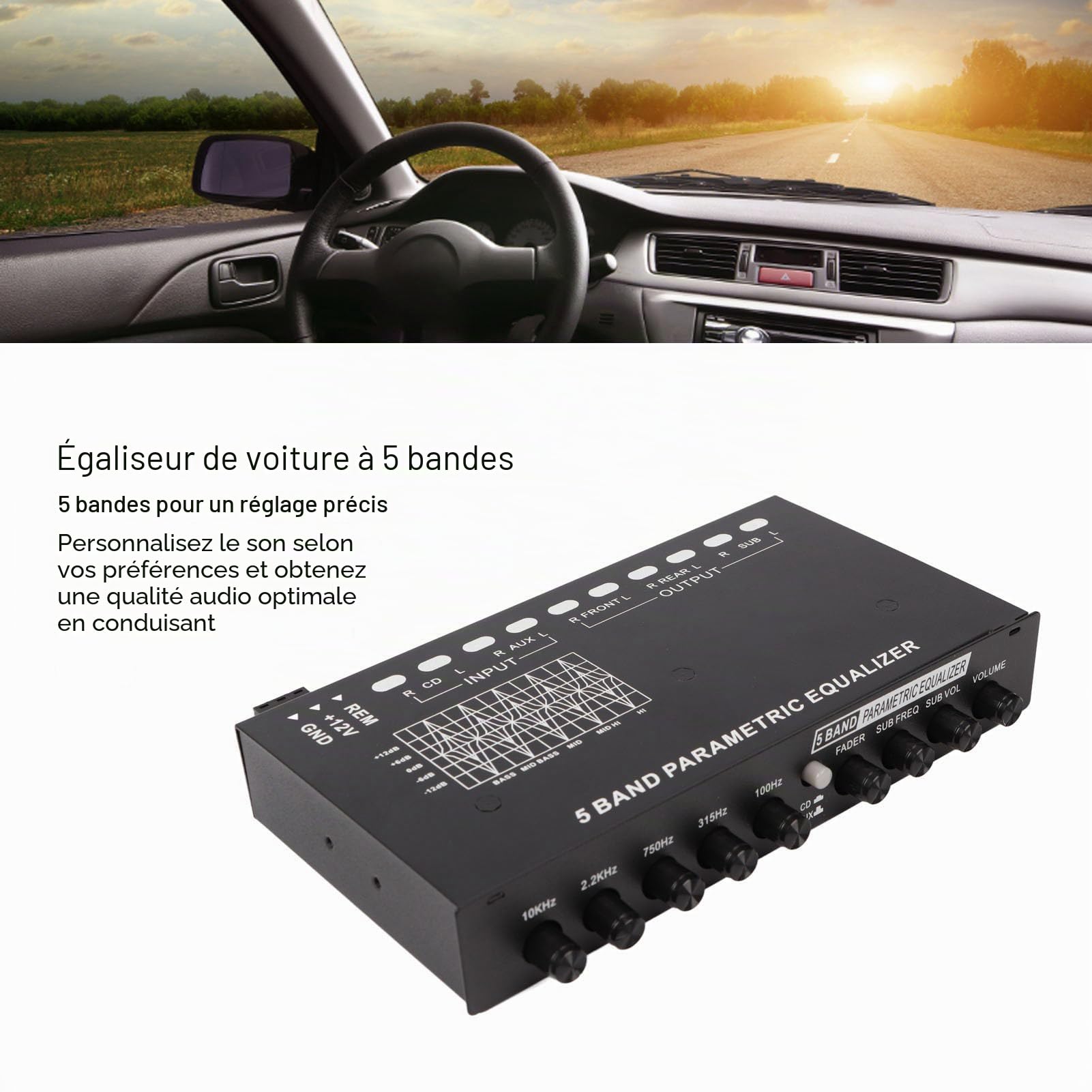 Fydun Égaliseurs D'Amplificateur de Voiture, Égaliseur Graphique Audio de Voiture, Égaliseur Audio de Voiture Réglable 5 Bandes Réglage Précis EQ Tuning Amplificateur croisé