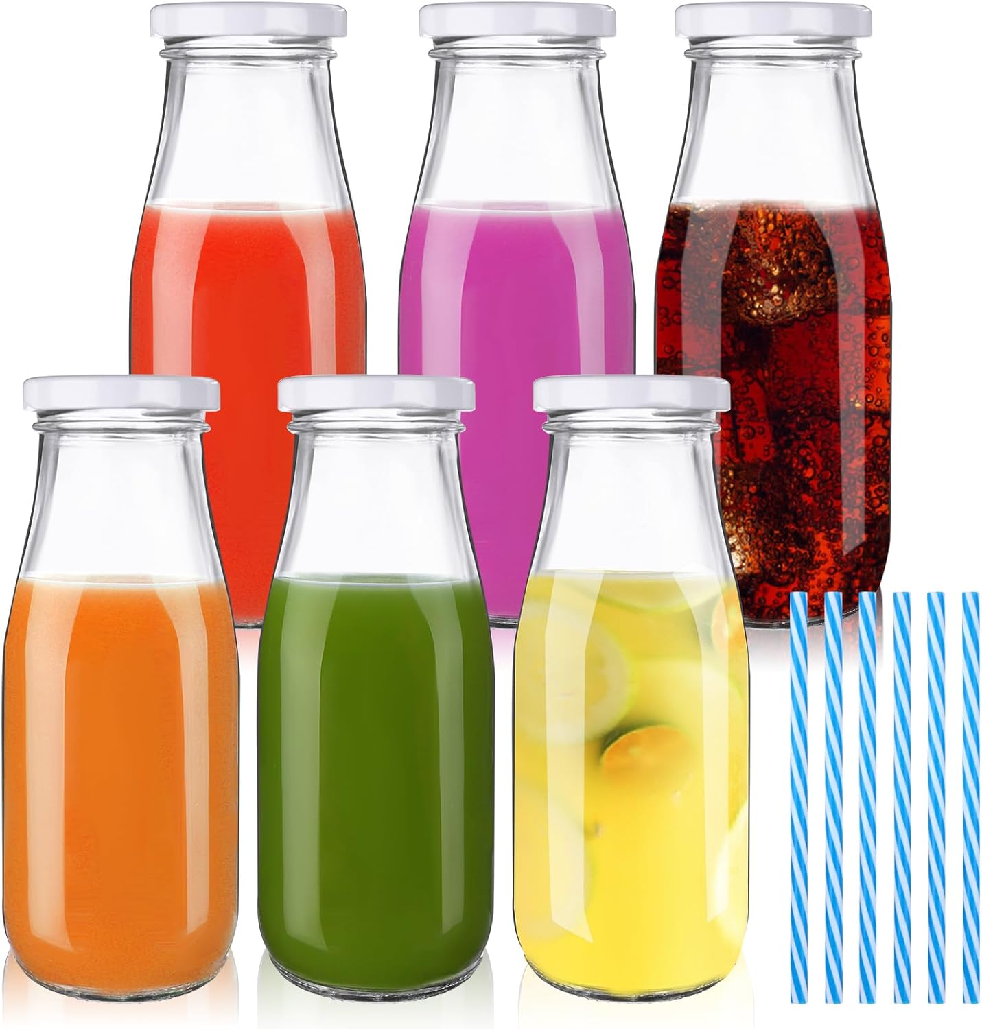 rosehom 330ml Milk Bottles with Lid and Straw,6Pack Reusable Glass Milk