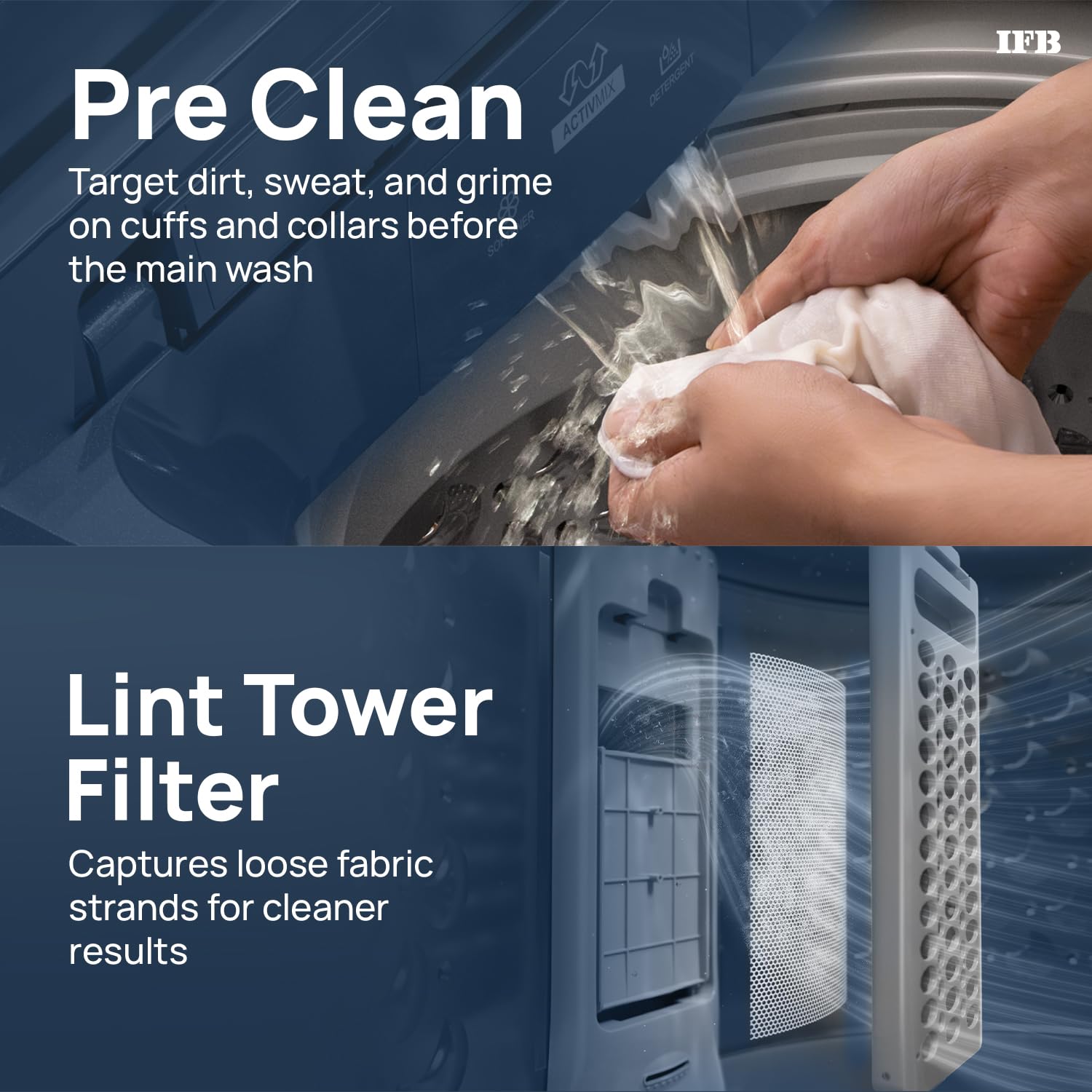 Close-up of the IFB washing machine's Lint Tower Filter being cleaned