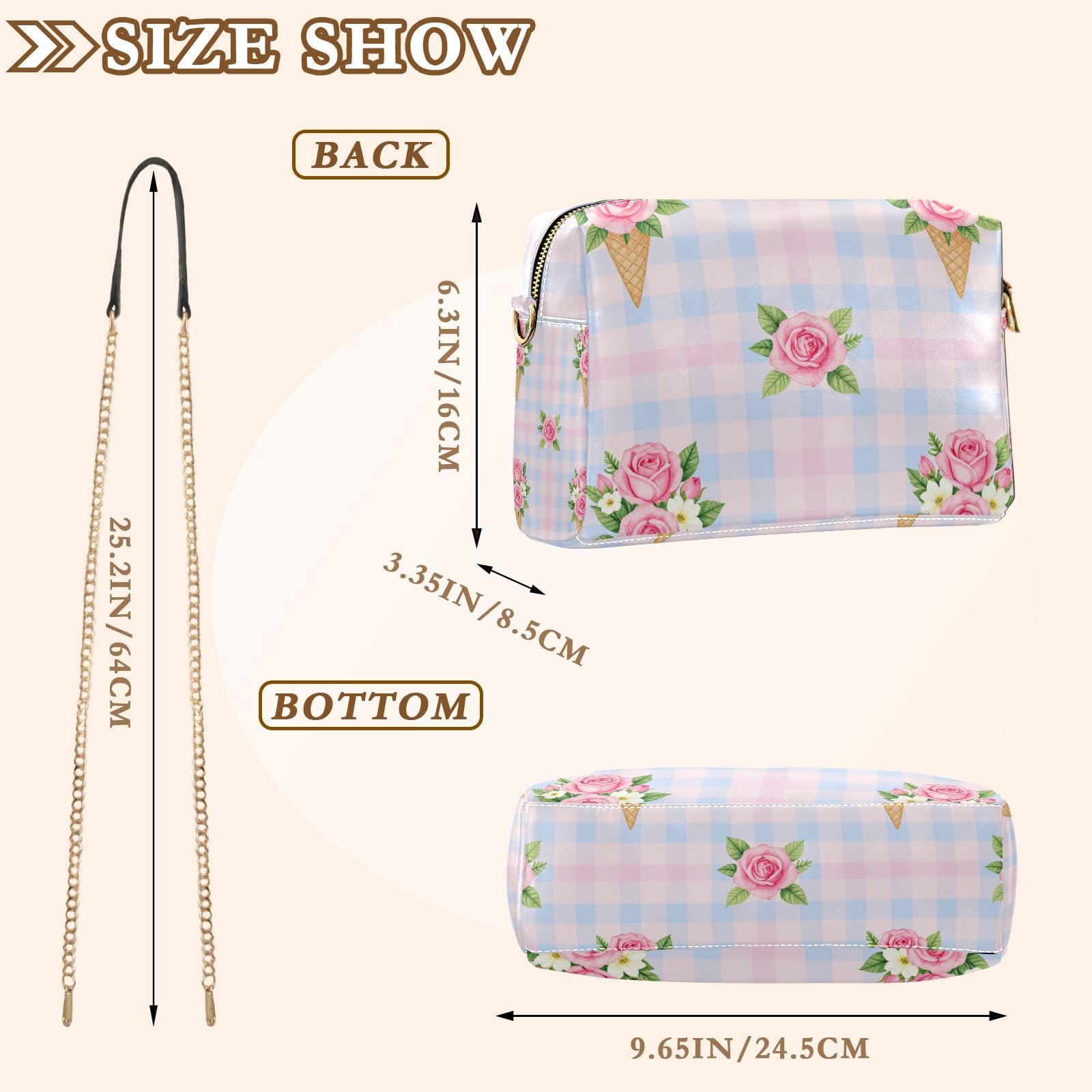 FRODOTGV Damska torebka crossbody na ramię o pojemności 2,5 l | Trwałe etui na karty ze skóry PU i wewnętrzna kieszeń lekka plaża zajęcia na świeżym powietrzu róża w kratkę