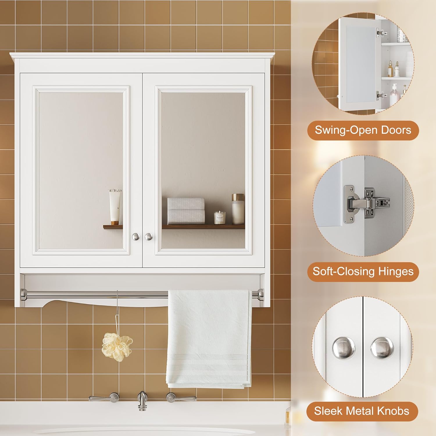 Marzzi 30"x28" Bathroom Medicine Cabinet with Mirrors & Towel Bar, Wall Mounted Bathroom Storage Organizer with 2 Mirror Doors & Adjustable Shelves for Small Bath, Powder Room, Painted Finish