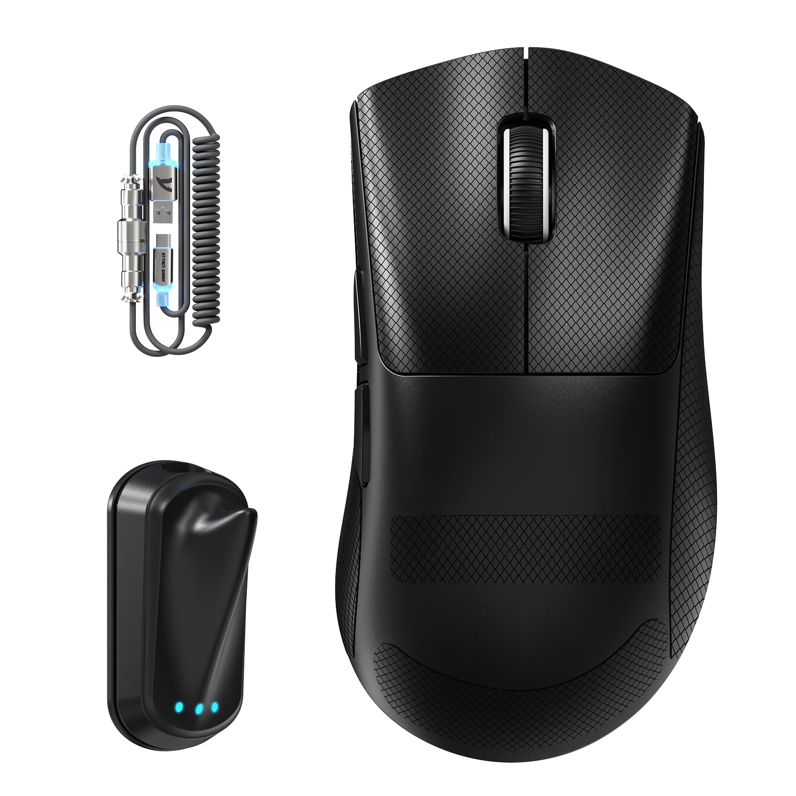 ATTACK SHARK V8 Ratón de Juego Inalámbrico con Cable Espiral LED, Nordic 54L15 Chip, PAW3950MAX, 42000DPI, Dual 8000Hz, 59g Ligero, Diseño Dongle Aleta de Tiburón, 2.4Ghz/BT/Cableado para PC, Blanco — view 10