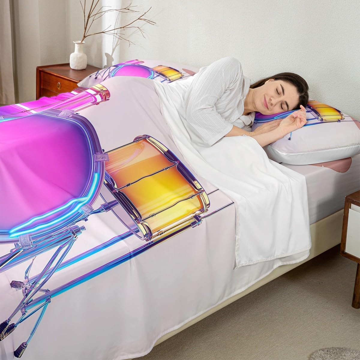 Erosebridal Drum Kit Bed Sheets King Size Modern Music Themed Sheet Set Colorful Neon Bedding Set Pop Music Flat Fitted Sheet for Girls Teens Kids Adults image 4