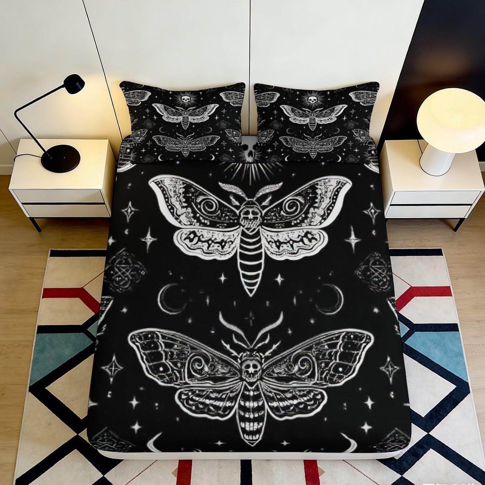 3D Printed Gothic Moth Fitted Sheet Microfiber Soft Black Moon Skull Bed Cover for Bedroom Dorm Mattress Protection Decor 160x200x25cm