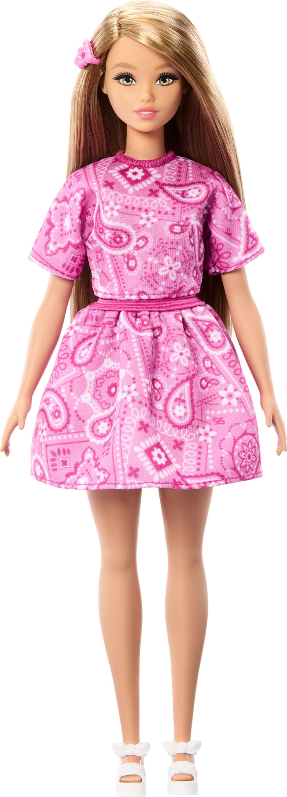 Barbie Fashionistas Lalka modowa #249, różowy strój we wzór paisley, blond włosy, różowa spódniczka i koszulka, białe sandałki na platformie, zabawka dla dzieci 3+, JJN62