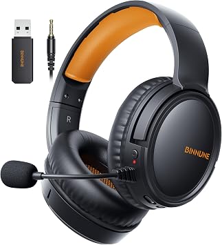 BINNUNE Wireless Gaming Headset 2.4GHz Low-Latency USB Dongle + Bluetooth, 50mm Drivers 7.1 Surround, Noise-Cancelling Mic, 40H Battery Over Ear Wireless Headphones for PS5, PC, Laptop, Orange