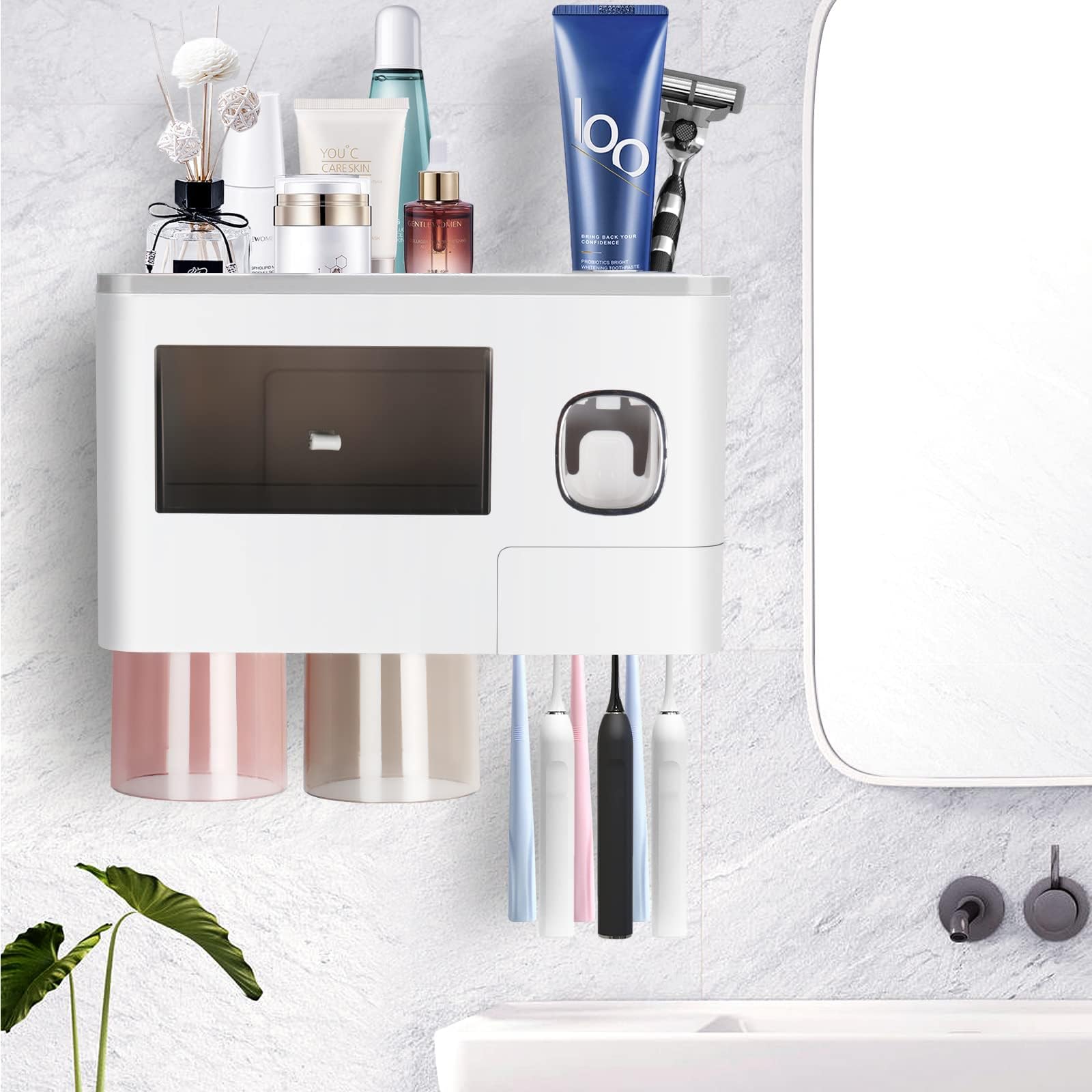 Hushnow Toothbrush Holder Wall Mounted,Automatic Toothpaste Dispenser and 2 Cups,1 Cosmetic Drawers