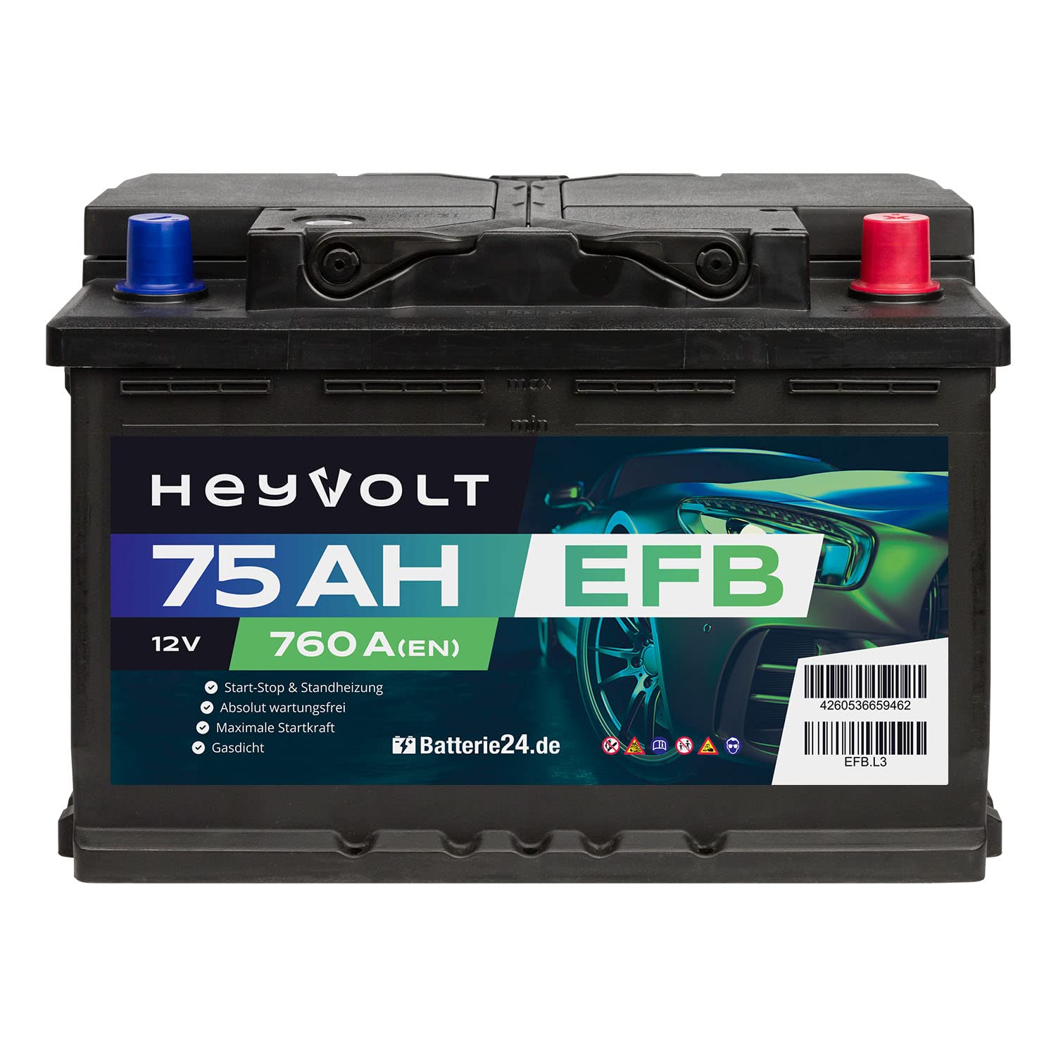 HeyVolt EFB Autobatterie 12V 75Ah 760A/EN Start-Stop, Standheizung geeignet | maximale Startkraft, absolut wartungsfrei