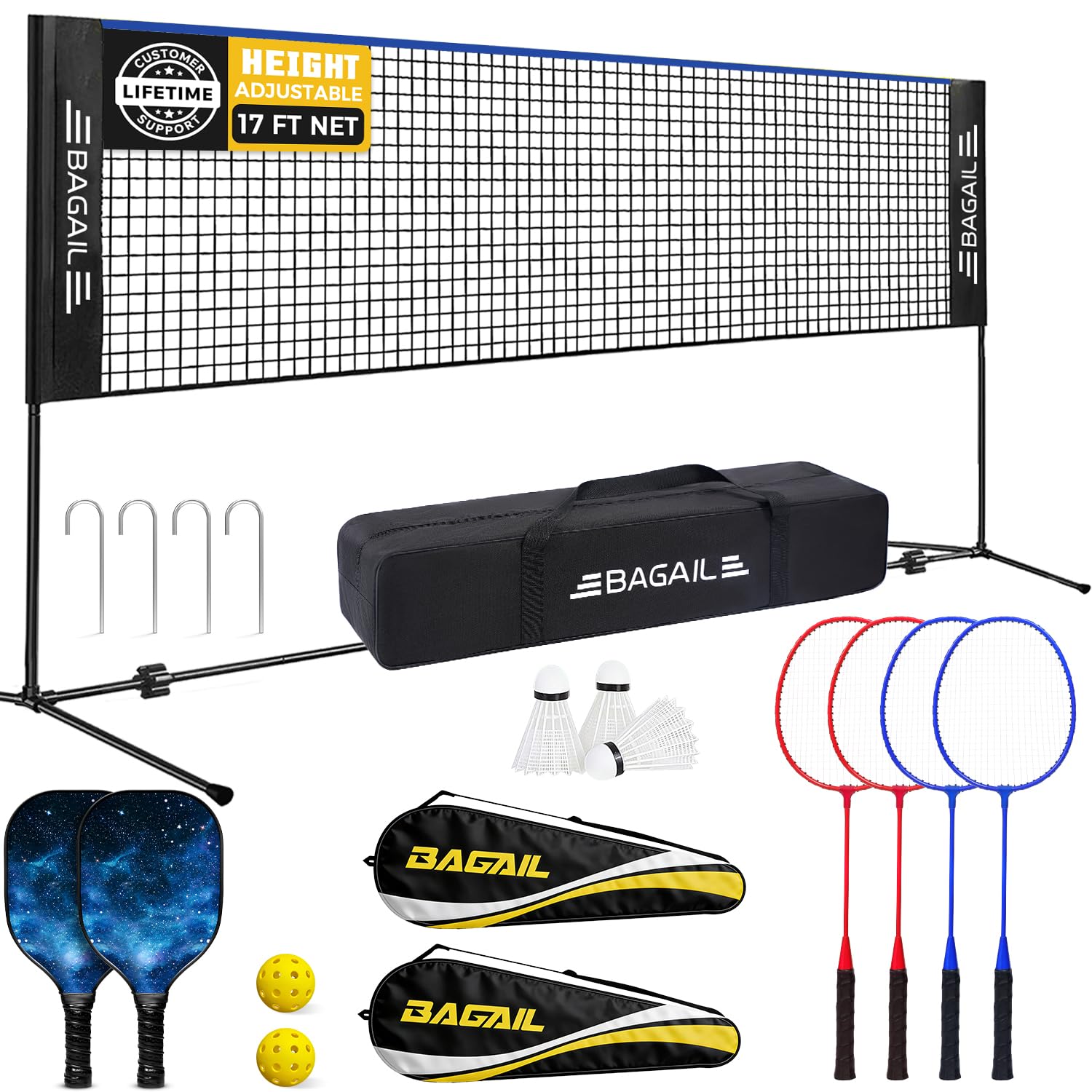 BAGAIL rete sportiva con set per pickleball e badminton, 3m / 4,2m / 5,2m | sistema a rete regolabile in altezza, borsa da trasporto portatile, senza attrezzi, per pallavolo, pickleball e tennis